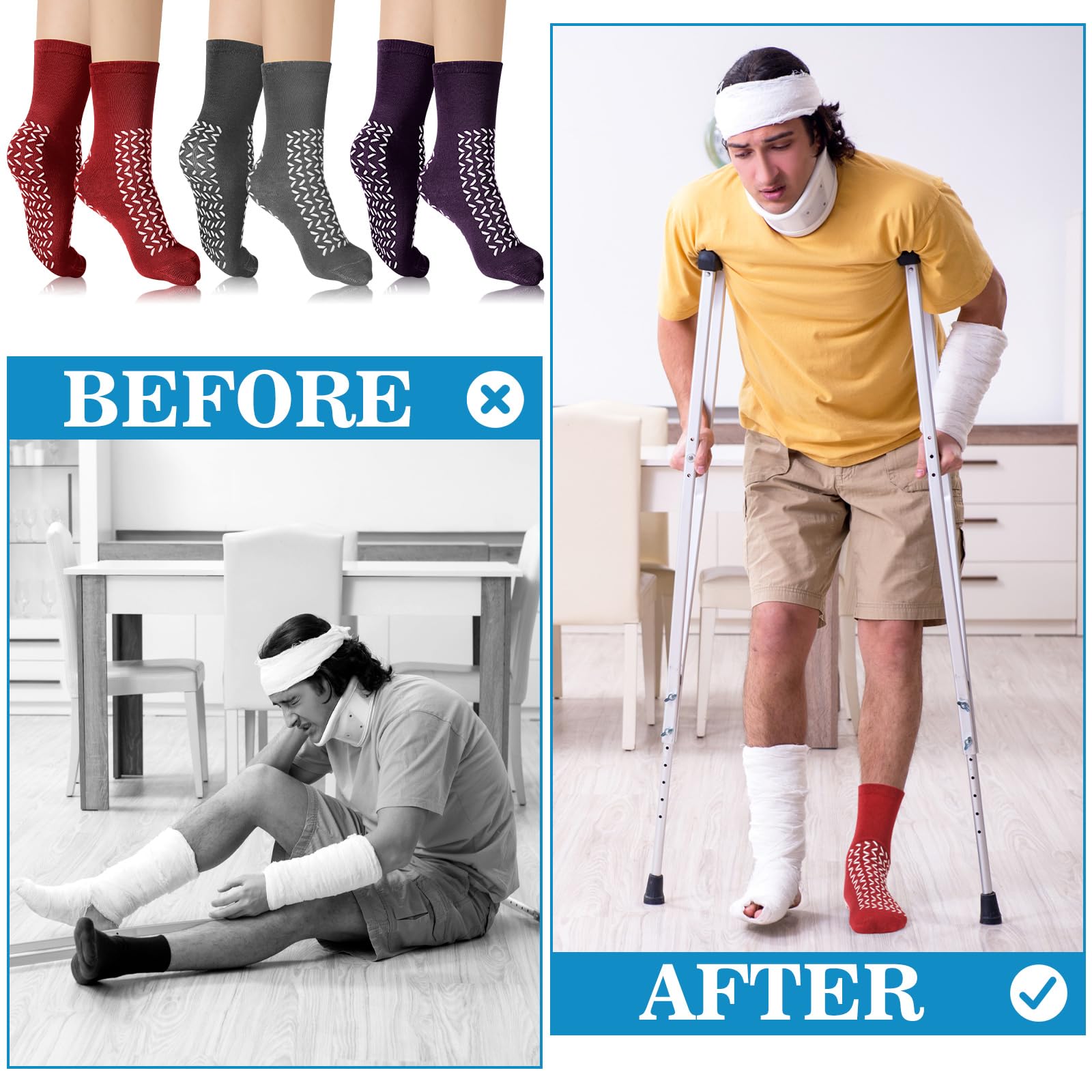 Non-Slip Hospital Socks with Grips - 10 Pairs Anti-Slip Slipper Socks for Women & Men, Fall Prevention, Comfortable for Patients & Elderly - Perfect for Hospital Stay, Home Recovery and Nursing Care