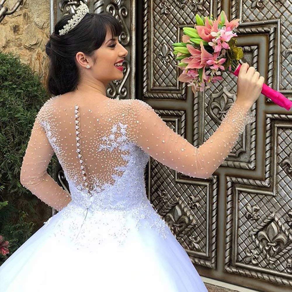 Elegant Crystal Beaded Wedding Dress for Bride - Long Sleeve Lace Ball Gown with Tulle Skirt | Perfect for Church Ceremony, Formal Reception & Bridal Photography
