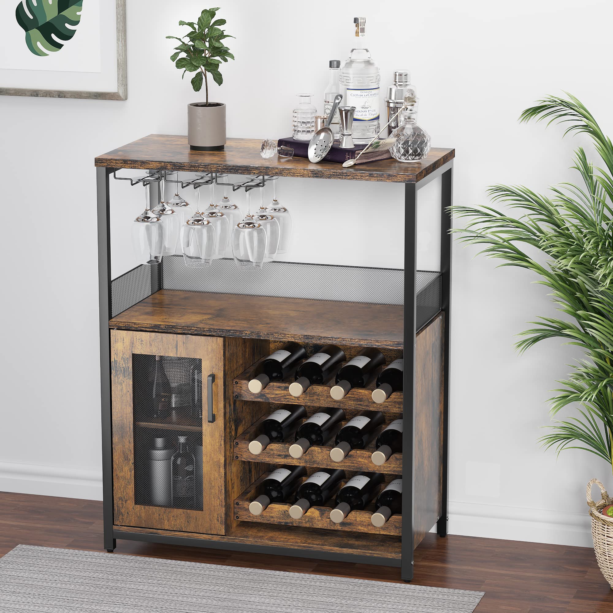 Rustic Brown Wine Bar Cabinet with Detachable Wine Rack - Industrial Coffee Bar Sideboard with Storage | Farmhouse Buffet Cabinet for Kitchen, Dining & Living Room | Perfect for Home Bars, Entertaining & Wine Storage