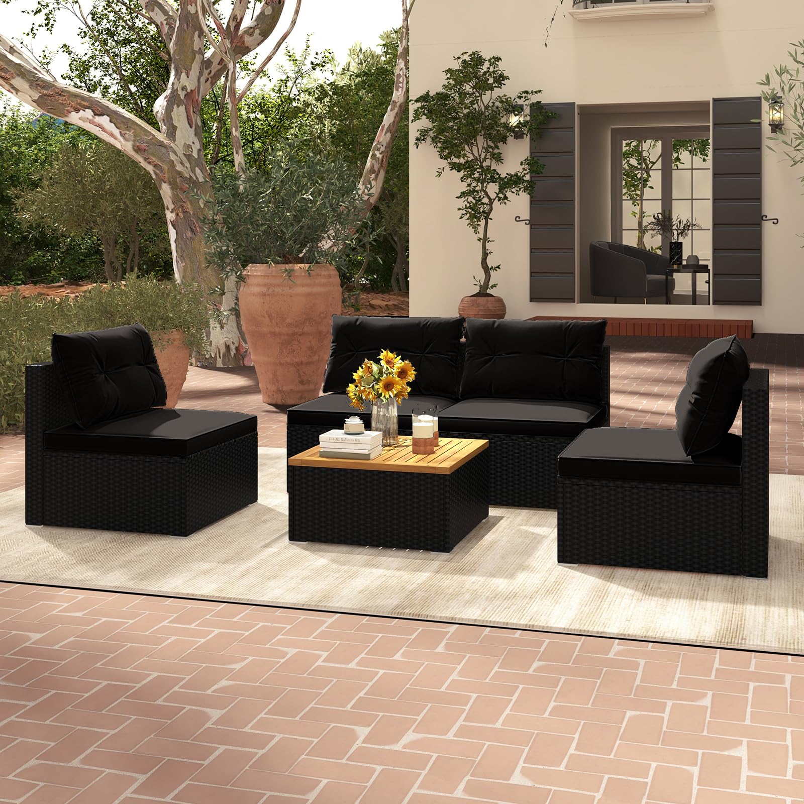 Tangkula 5-Piece Outdoor Rattan Sofa Set with Cushions & Square Coffee Table - Patio Furniture for Backyard, Poolside, Garden (Black) | Perfect for Relaxing, Entertaining & Outdoor Gatherings