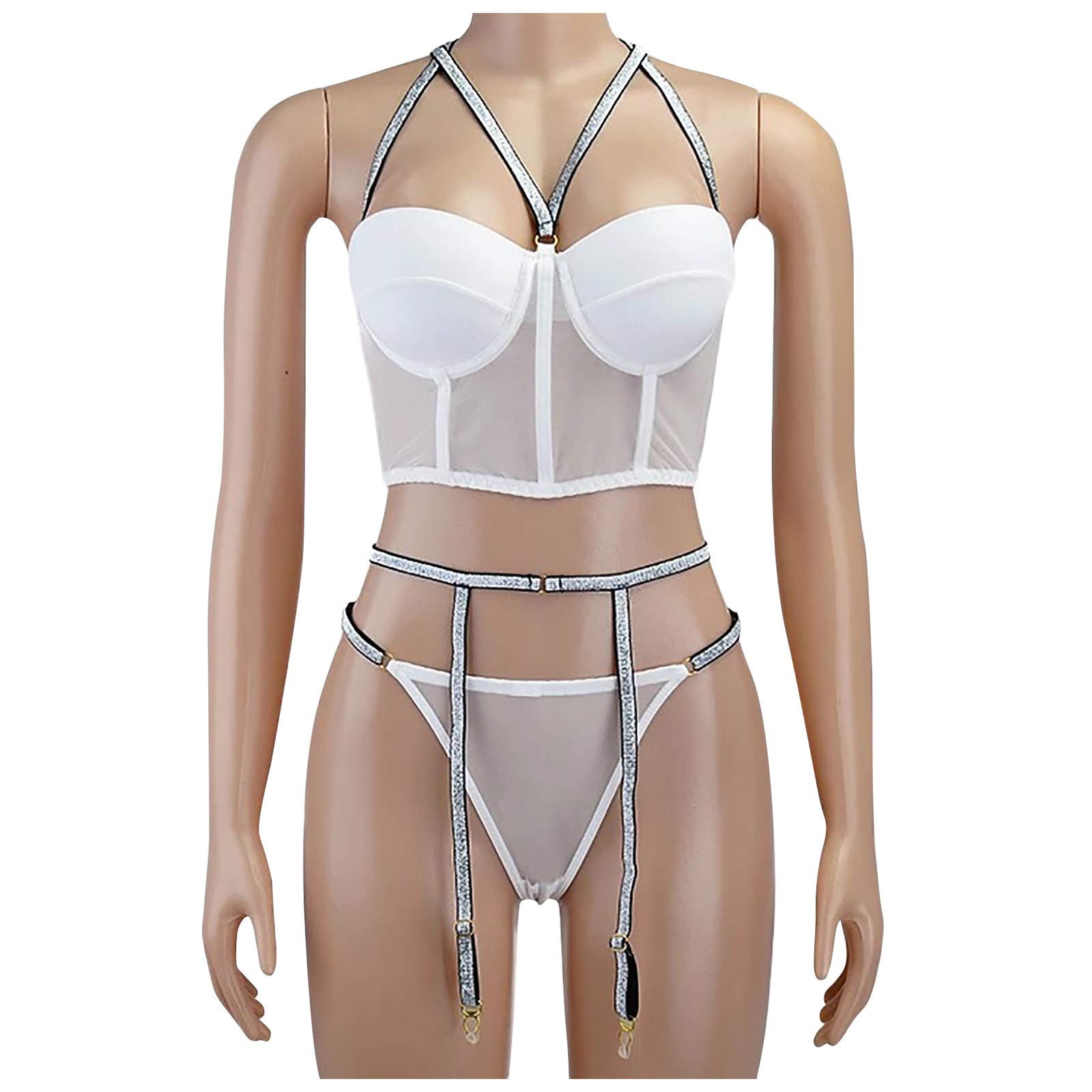 Sexy Lace 2-Piece Women's Lingerie Set with Diamond Details - Flashing Three-Point Design Pajamas & Intimates Costume (White, Size S) for Romantic Nights & Boudoir Photography