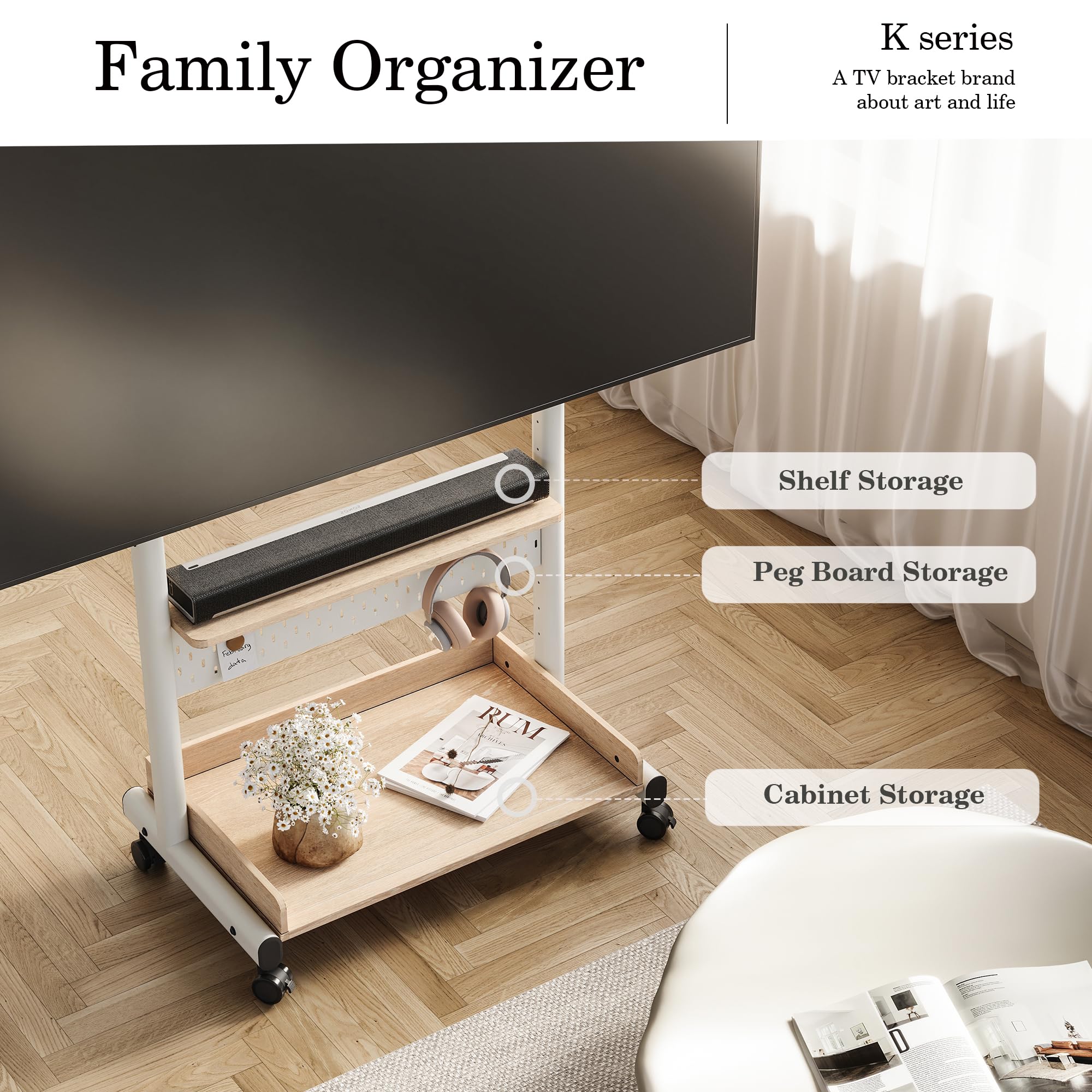 FITUEYES White TV Stand with Storage Wheels for 40-85 Inch LED LCD Flat Screen TVs - Corner Entertainment Center with Peg Board & Cabinet Storage - Perfect for Living Room, Bedroom or Home Theater Setup