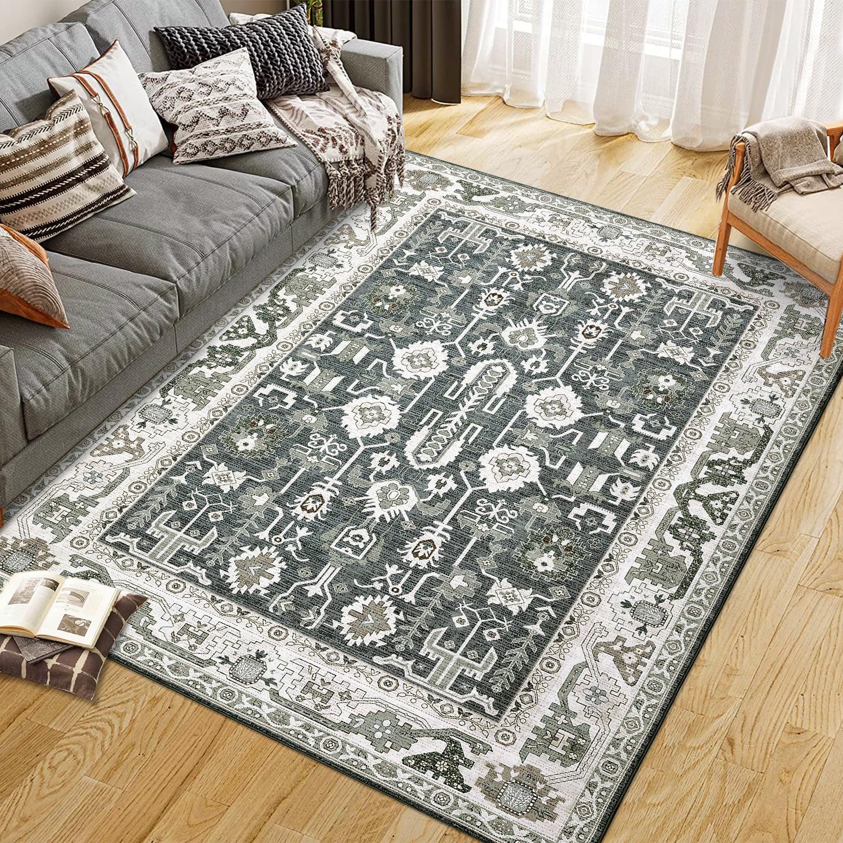 GARVEE 4'x6' Washable Moroccan Boho Area Rug - Non-Slip Low Profile Bohemian Carpet for Living Room, Bedroom & Dorm Decor