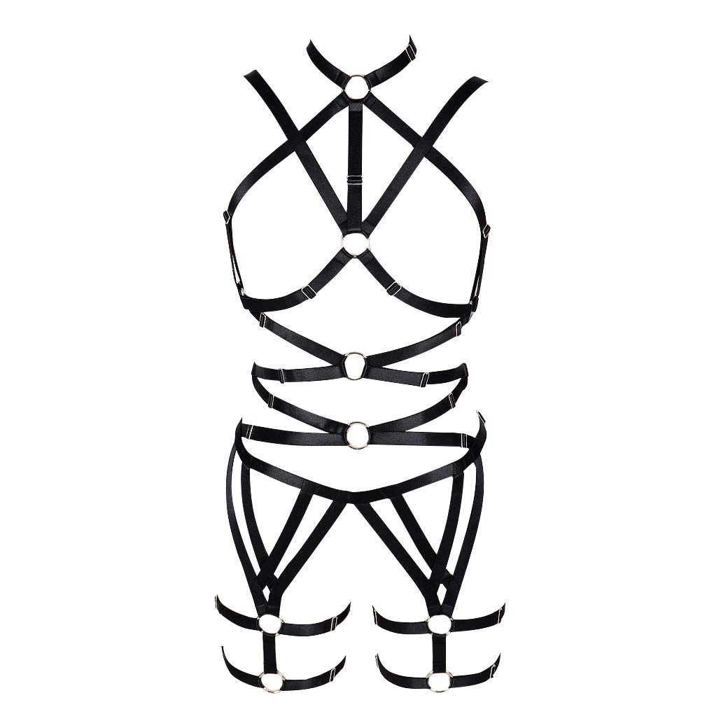 Sexy Gothic Lingerie Set for Women - Hollow Out Elastic Full Body Harness - Punk Style Rave Costume & Boudoir Outfit - Perfect for Halloween, Cosplay, Bachelorette Parties and Nightclub Events