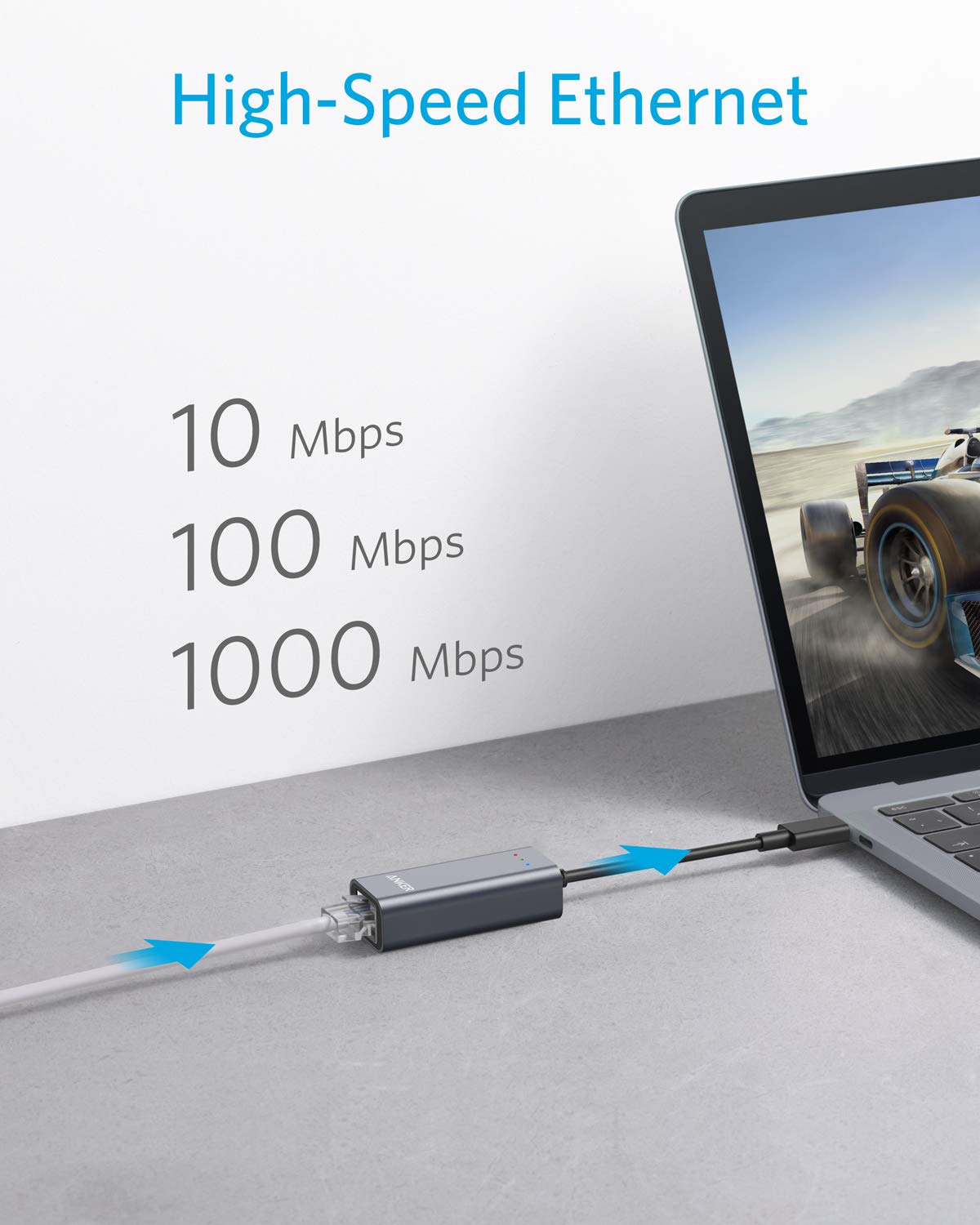 Anker USB C to Ethernet Adapter - Portable 1-Gigabit Network Hub (10/100/1000 Mbps) for MacBook Pro, iPad Pro, Chromebook, XPS, Galaxy S9/S8 - High-Speed Wired Internet Connection for Work, Gaming & Streaming