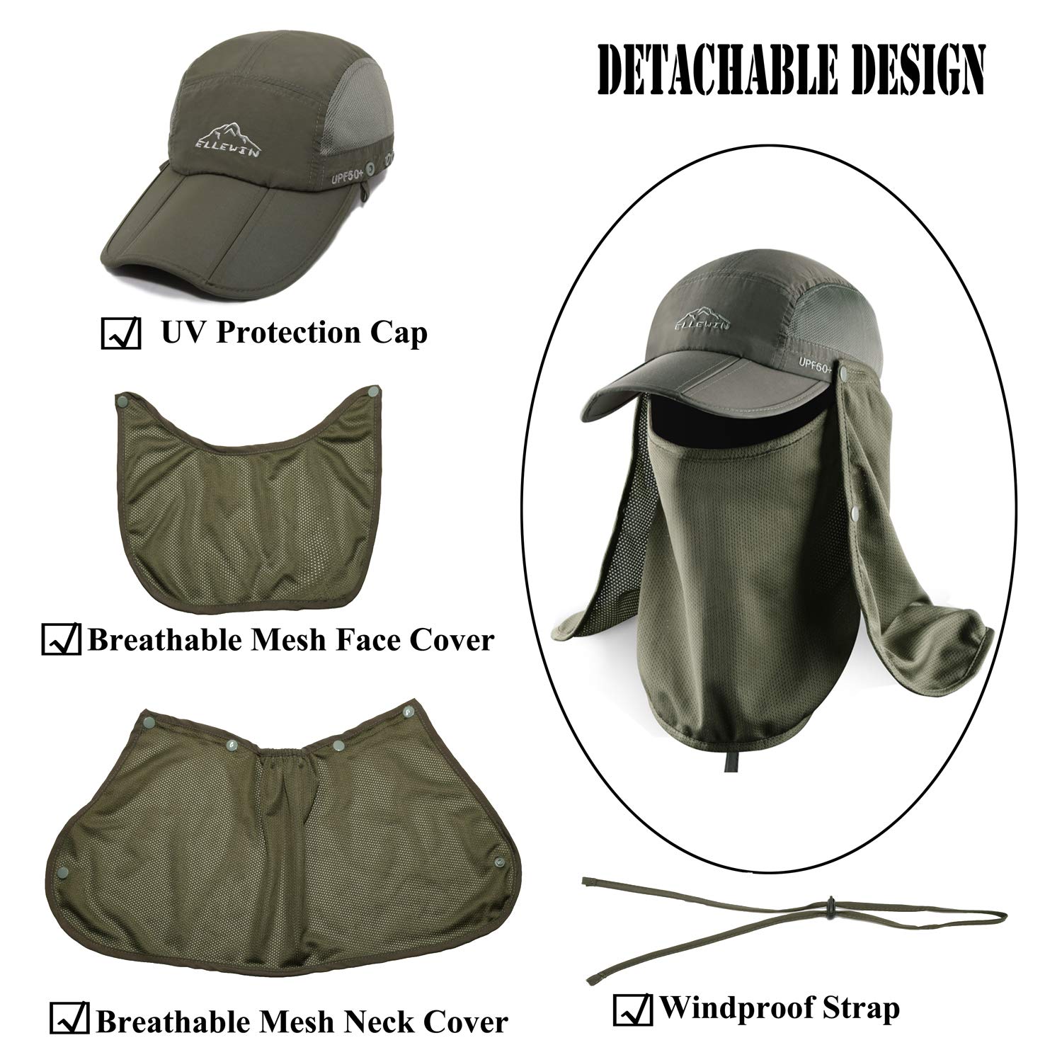 ELLEWIN UPF 50+ Sun Hat for Men & Women - Wide Brim UV Protection Fishing Hat with Neck Flap & Face Cover - Perfect for Outdoor Activities, Beach, Hiking, and Gardening