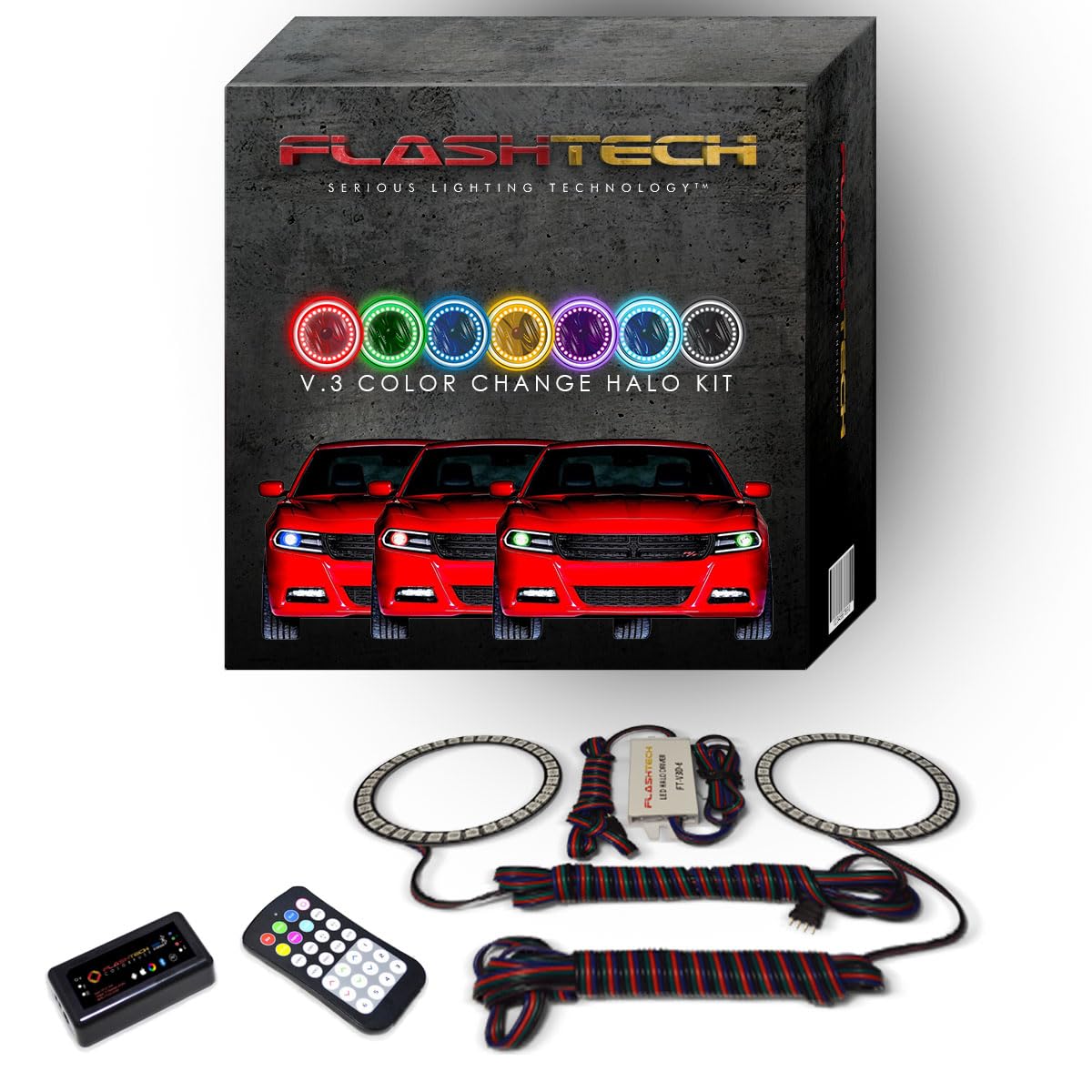 Flashtech LED RGB Multi-Color Halo Ring Headlight Kit with Bluetooth RF Remote & APP Control - Compatible with Dodge Charger 2015-2020 | Customizable Car Lighting for Night Driving & Car Shows