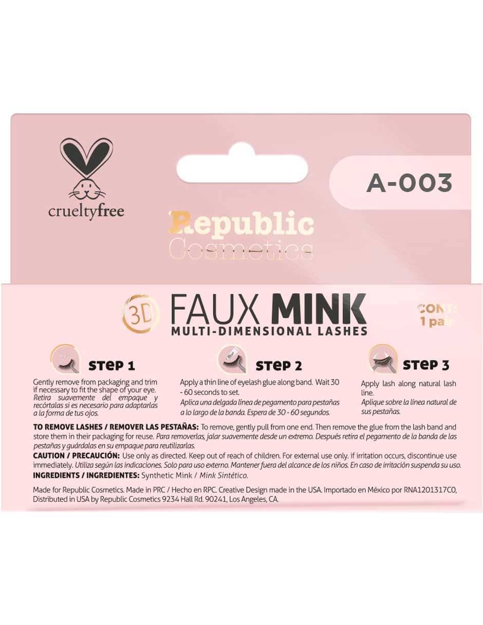 Republic Cosmetics 3D Faux Mink Eyelashes - Model A 003 (1 Pair in Box) for Dramatic Volume & Natural Look - Perfect for Parties, Weddings & Special Occasions