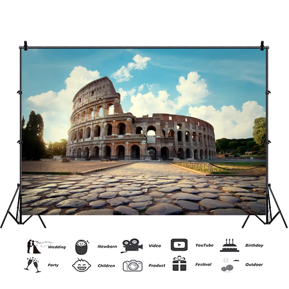 10x7ft Rome Colosseum Photography Backdrop - Roman Coliseum Stone Wall with Blue Sky & White Clouds - Vinyl Photo Booth Background for Studio, Events & Travel Theme Shoots | Famous Tourist Attraction Scenic Spot Prop