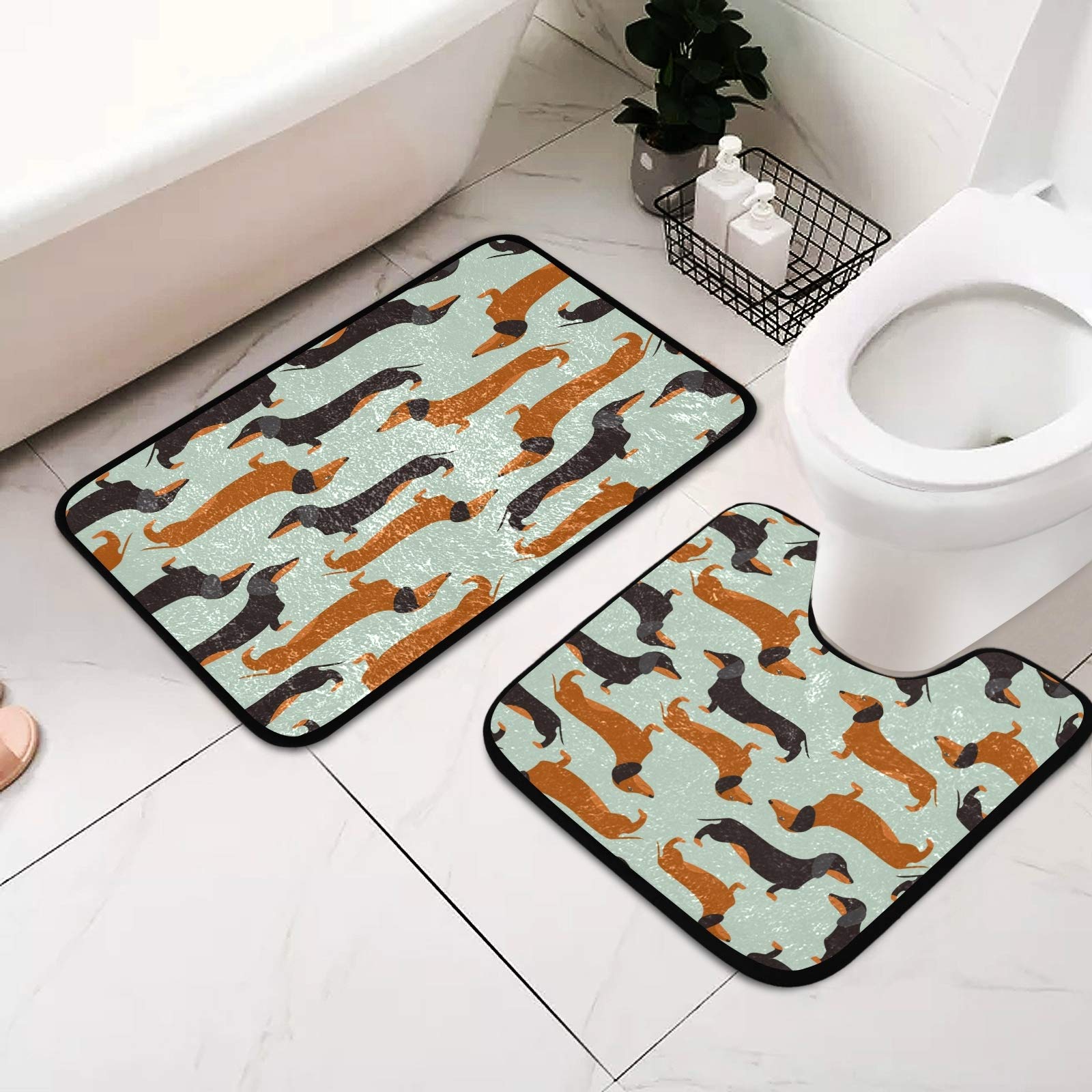 ALAZA Retro Dachshund Dog Bathroom Rugs Set - 2 Piece Non-Slip Absorbent Shower Mat (15.7