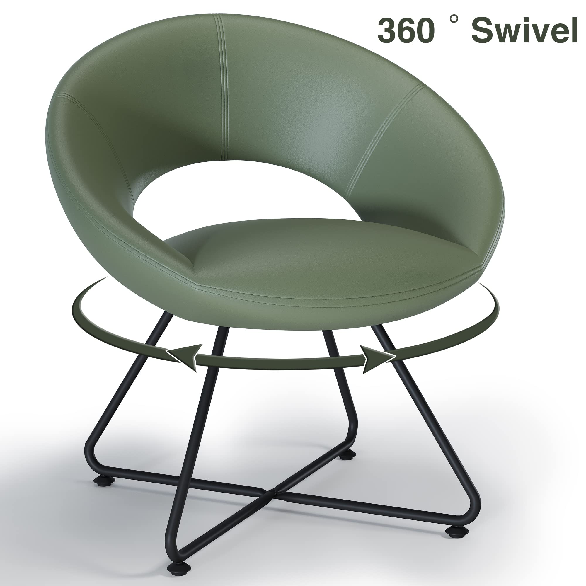 Modern Swivel Accent Chair Set of 2 - Upholstered Faux Leather Saucer Chairs with Golden Metal Legs for Living Room, Makeup Vanity or Home Office - Green Comfortable Lounge Seating for Relaxing & Leisure Activities