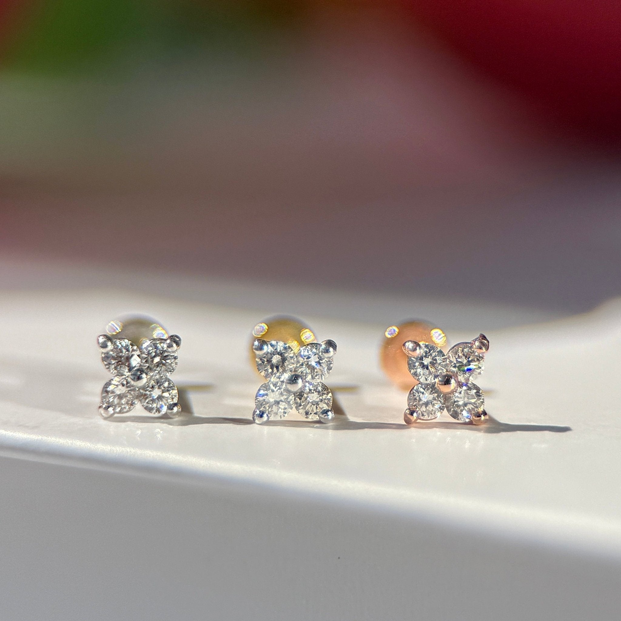 14K Rose Gold Diamond Four Petal Flower Stud Earrings - Dainty Floral Jewelry for Women, Perfect for Weddings, Date Nights & Everyday Elegance
