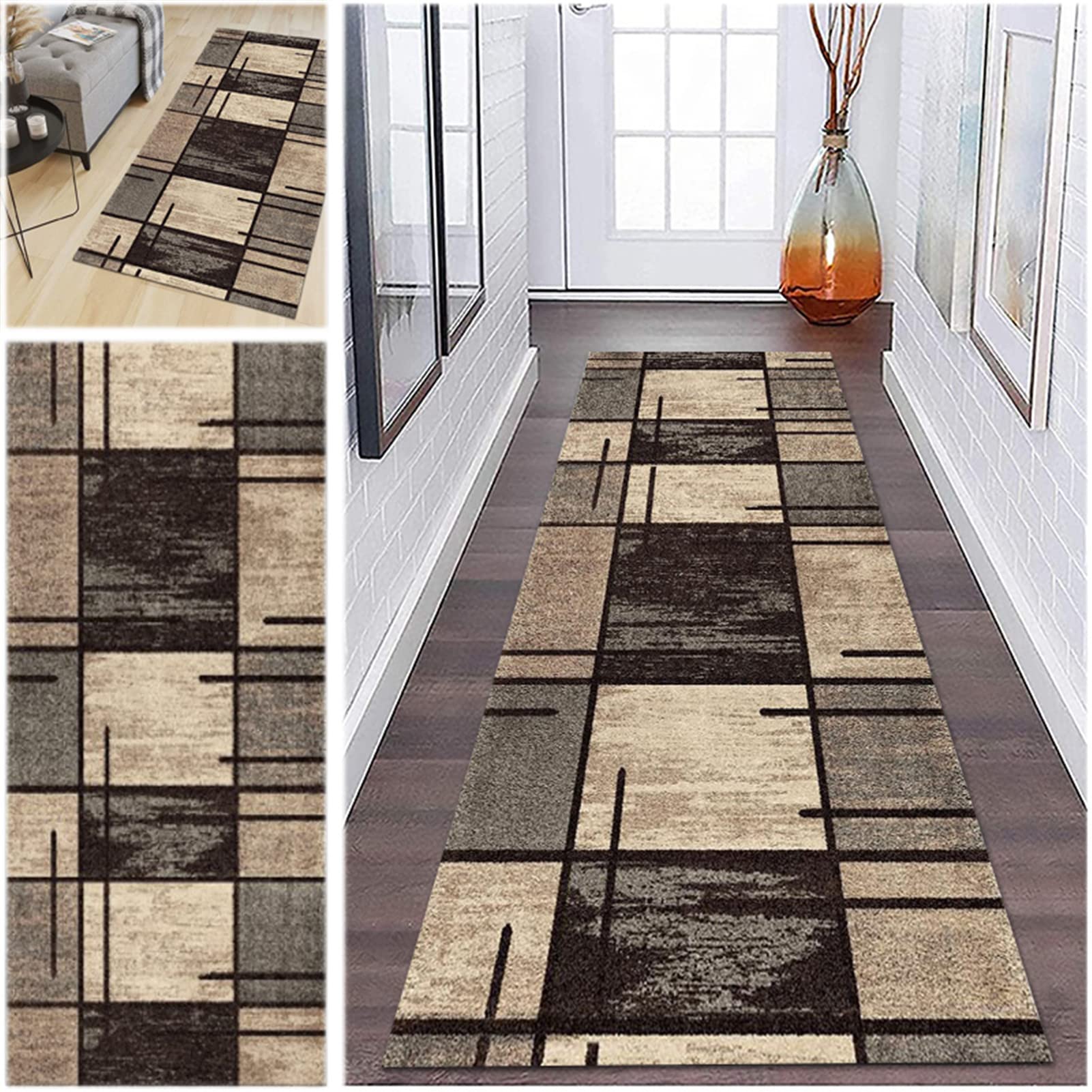 GOODLUKY Non-Slip Washable Hallway Runner Rug 2'x10' - Modern Geometric Design Soft Touch Carpet for Kitchen, Living Room, Bedroom, Corridor | Indoor Doormat | Brown 50x380cm | Perfect for High-Traffic Areas & Home Decor