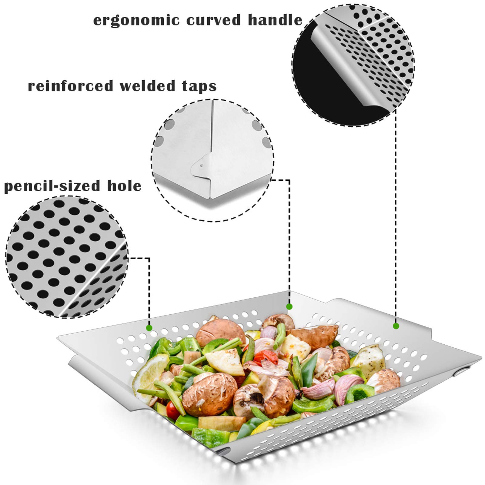 8” Stainless Steel Grilling Basket Set of 2 - Heavy Duty BBQ Grill Wok for Vegetables, Kabobs, Shrimps - Universal Fit for All Grills, Dishwasher Safe - Perfect for Backyard BBQs, Camping & Outdoor Cooking