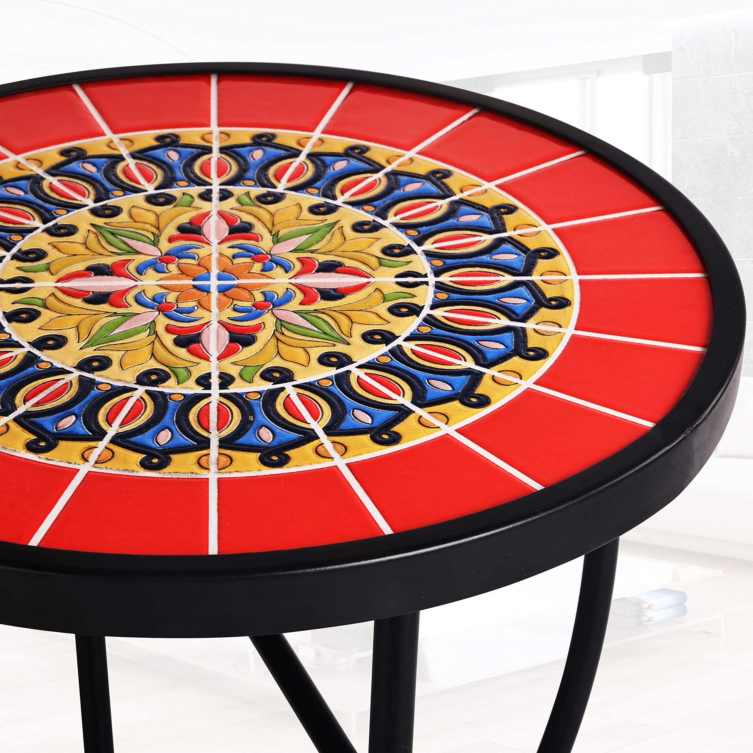 14 Inch Round Ceramic Tile Top Side Table for Indoor & Outdoor Use - Perfect for Patio, Garden, or Living Room Accent Furniture