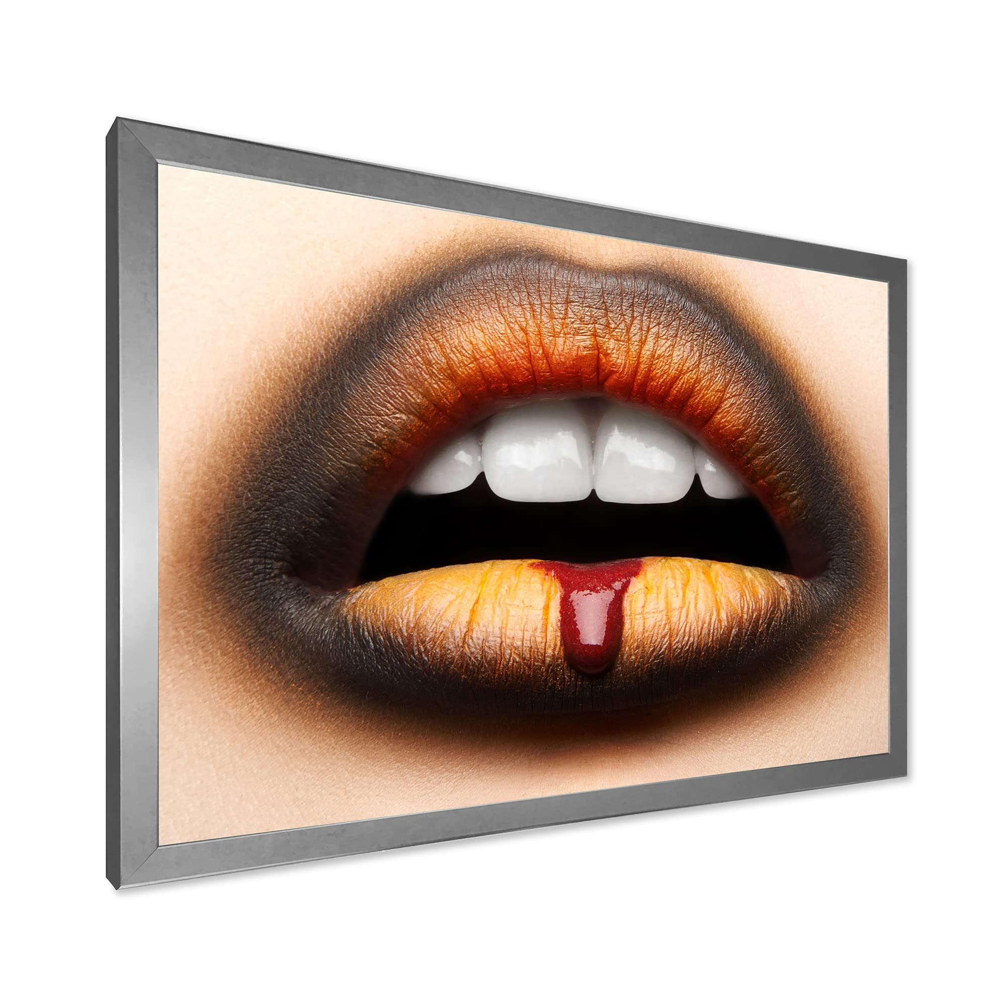 DesignQ Modern Framed Wall Art - Black & Orange Lipstick Female Lips Painting - Perfect for Living Room, Bedroom, or Office Decor
