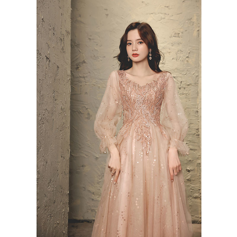 Elegant A-Line Beaded Long Prom Dress in Pink with Long Sleeves - Perfect for Evening Gala, Formal Dances & Special Occasions
