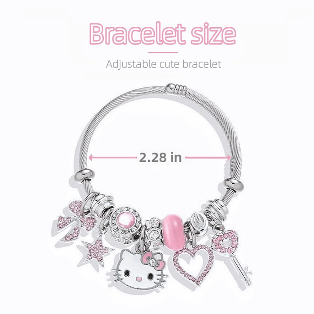 Aimery Kitty Charms Bracelet - Kawaii DIY Cartoon Bangle with Cubic Zirconia - Cute Jewelry Gift for Wife, Girlfriend, Daughter - Perfect for Birthday, Anniversary, Valentine's Day Gifts