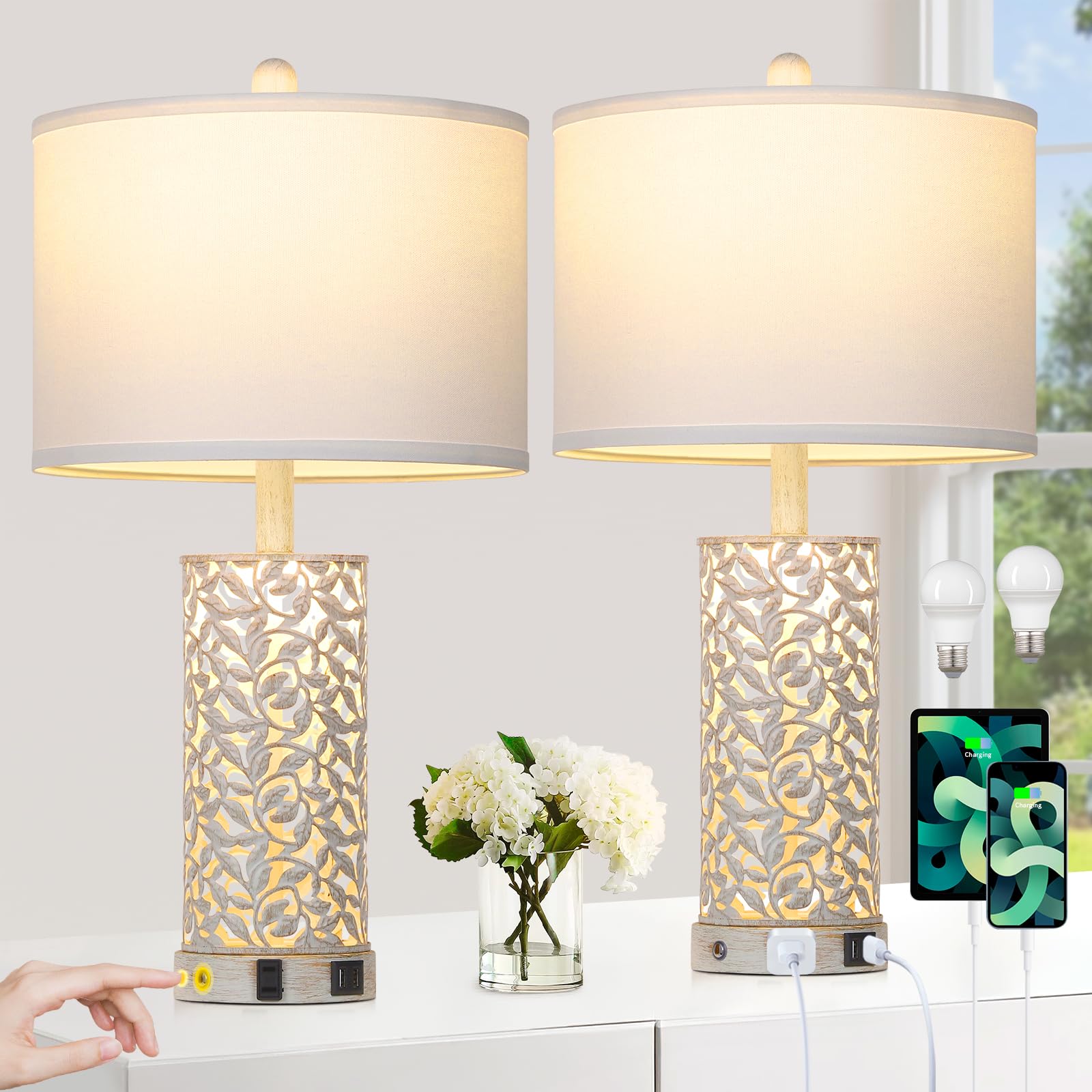 Vintage Farmhouse Table Lamps Set of 2 with USB Ports & AC Outlet - Touch Control Nightstand Lamps with Nightlight for Living Room, Bedroom, Entryway - White Modern Home Decor Lighting