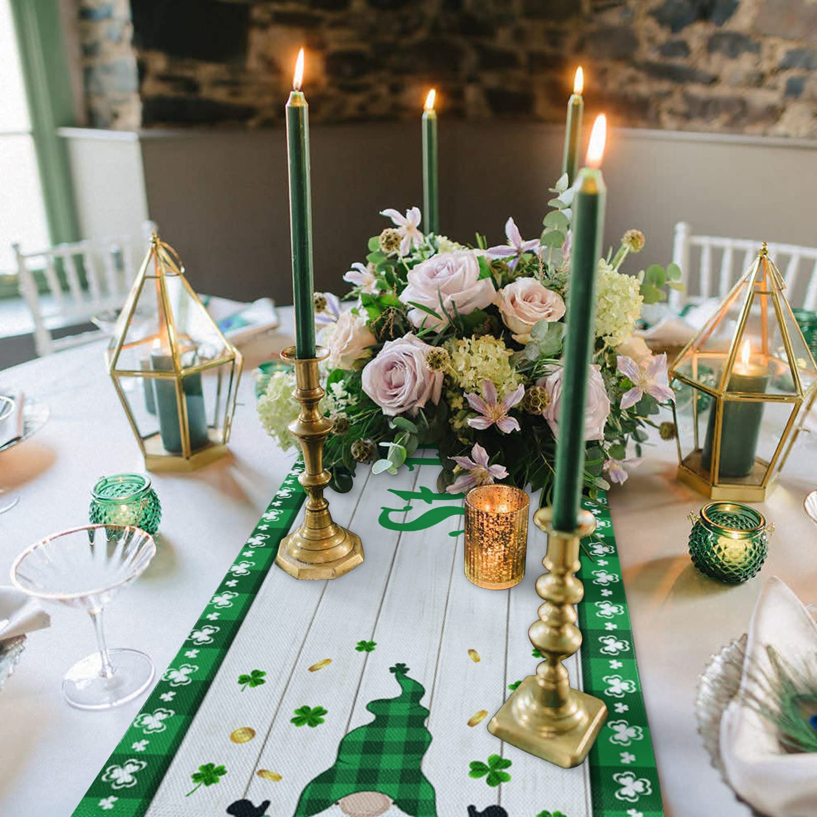 90 Inch Green Plaid Cotton Linen Table Runner with Shamrock Wood Grain Texture - St. Patrick's Day, Wedding & Party Dining Table Decor for Kitchen, Dining Room & Holiday Celebrations