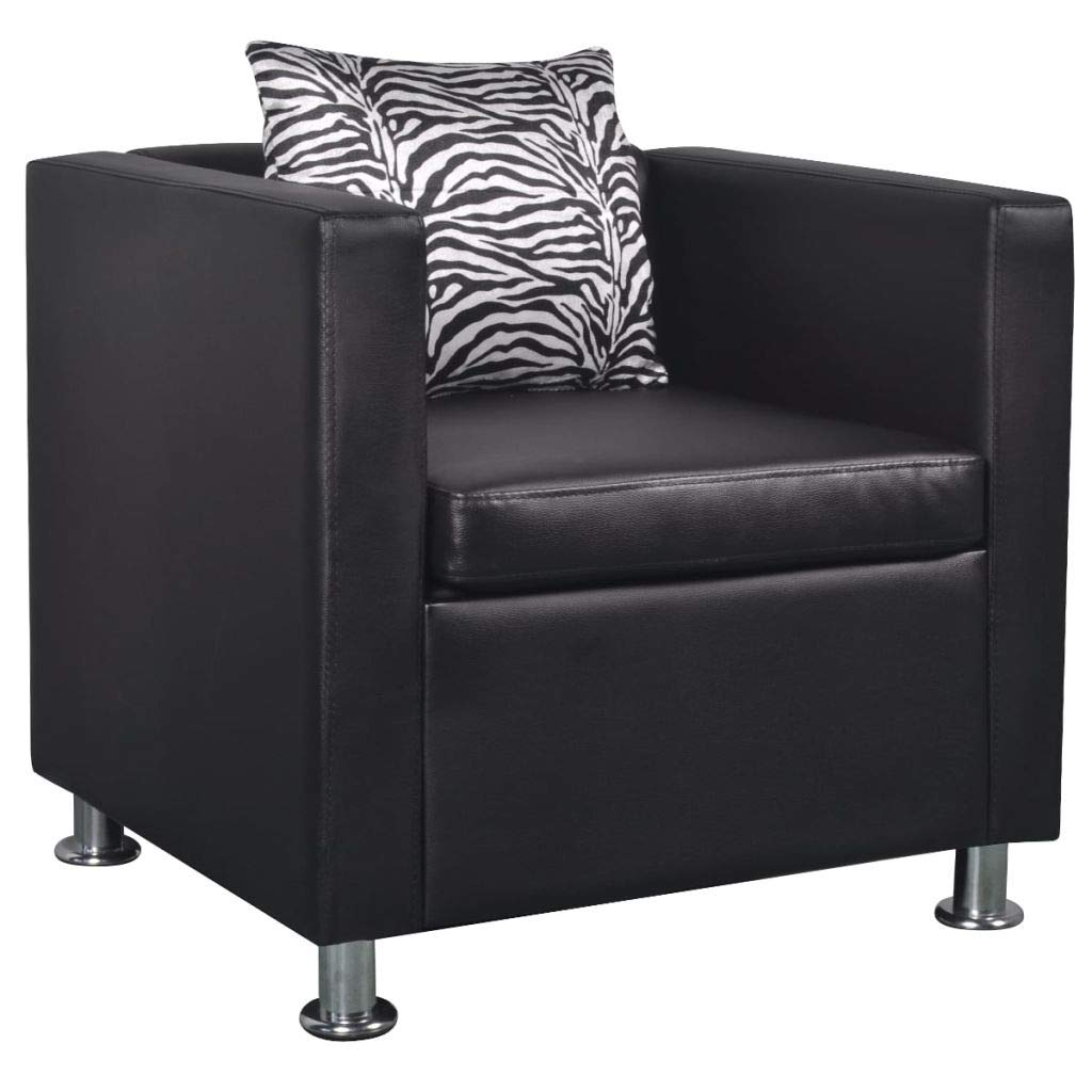 Modern Cube Armchair with Chrome Feet - Wooden Frame Club Chair - Faux Leather Sofa Chair for Living Room, Bedroom, Home Office - Comfortable Lounge Seating for Relaxing & Reading