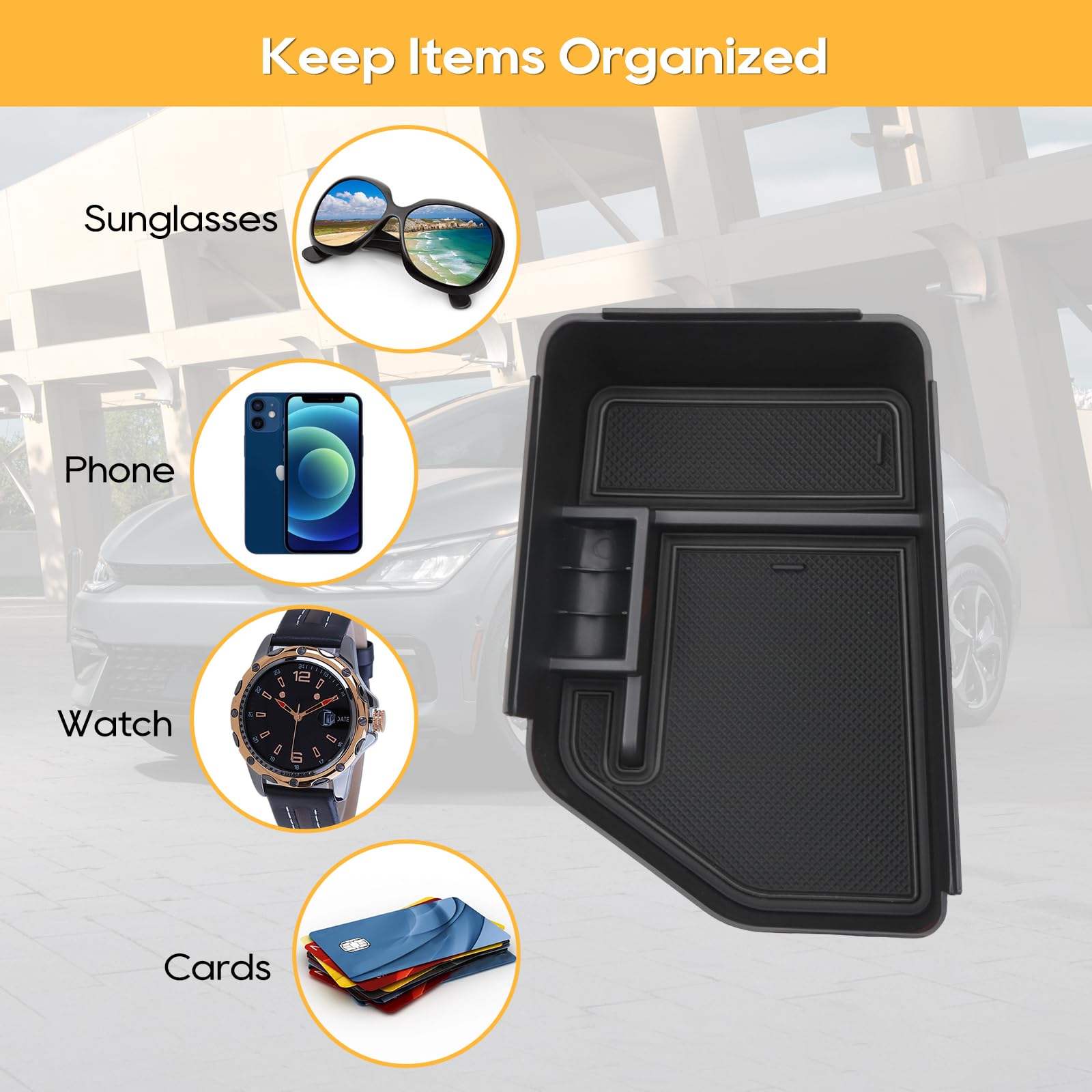 2022-2024 Kia EV6 Center Console Organizer - Premium Armrest Storage Tray with Sunglasses Holder | Car Interior Accessories for EV6 Models | Perfect for Road Trips & Daily Commuting (Black)