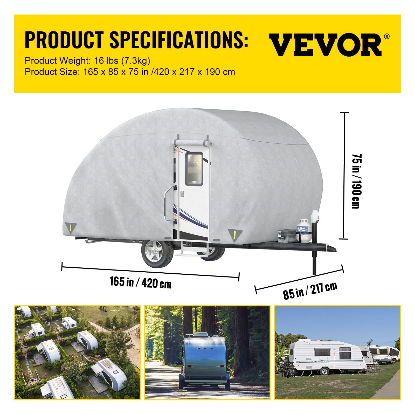 VEVOR 10'-12' Teardrop Trailer Cover - 4-Layer UV-Proof Waterproof Camper Cover with Windproof Straps & Storage Bag - Perfect for Outdoor Travel & Winter Storage Protection