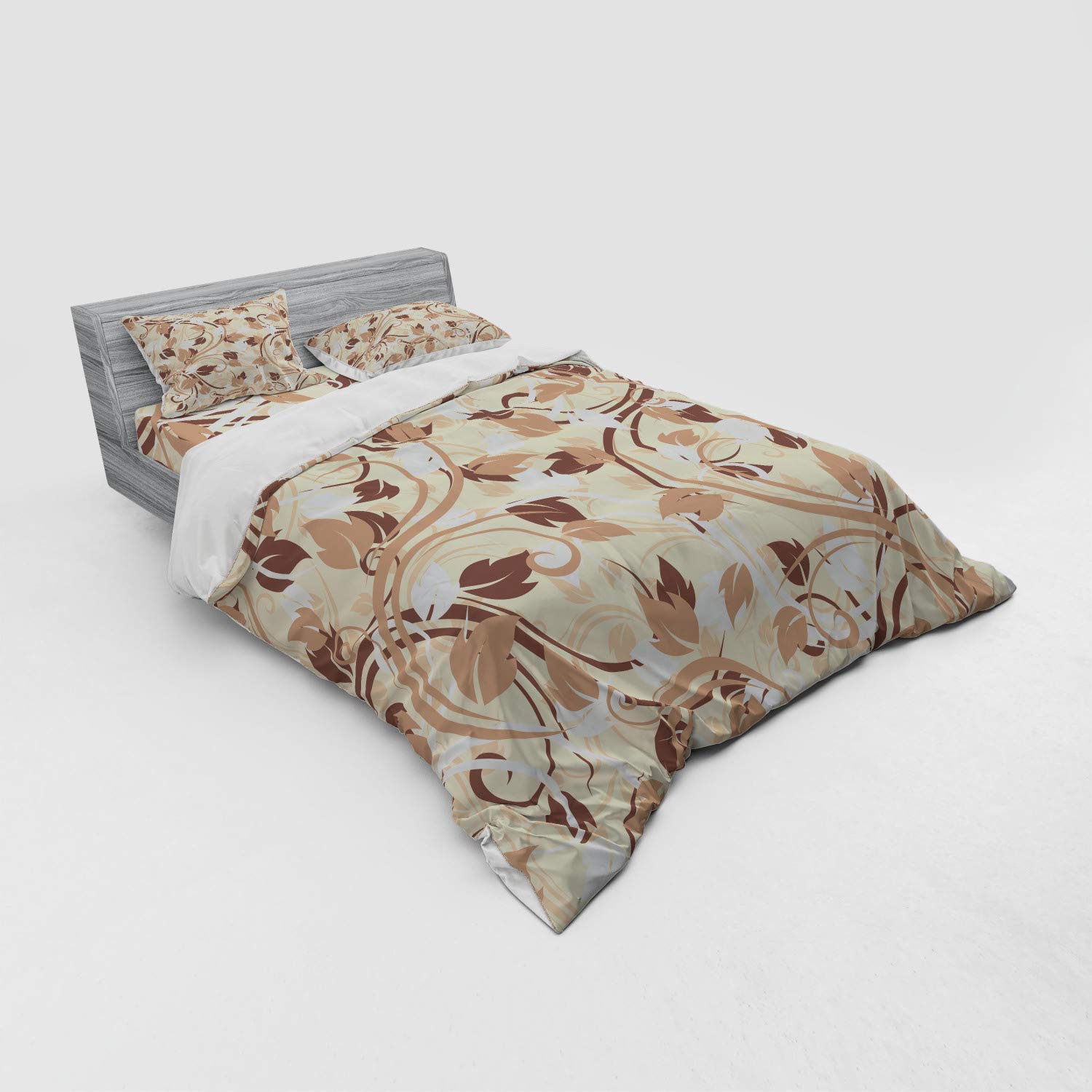 Ambesonne Ivory 4-Piece Queen Bedding Set - Autumn Leaves Fall Theme Duvet Cover with Shams & Fitted Sheet in Cream Umber Cocoa | Cozy Seasonal Home Decor for Master Bedroom Guest Room