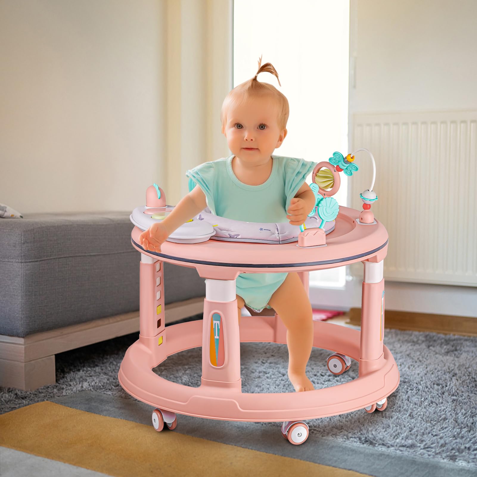 360° Swivel Baby Walker with Music & Lights - Adjustable Height Activity Center for Infants 6-12 Months | Detachable Toys, Bounce Foot Pad | Perfect for Learning to Walk & Indoor Playtime