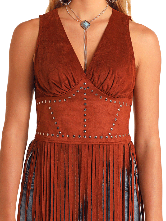 Rock & Roll Denim BW20T05873 Women's Studded Microsuede Fringe Top - Brown Distressed Vintage Style Biker Jacket for Concerts & Night Out