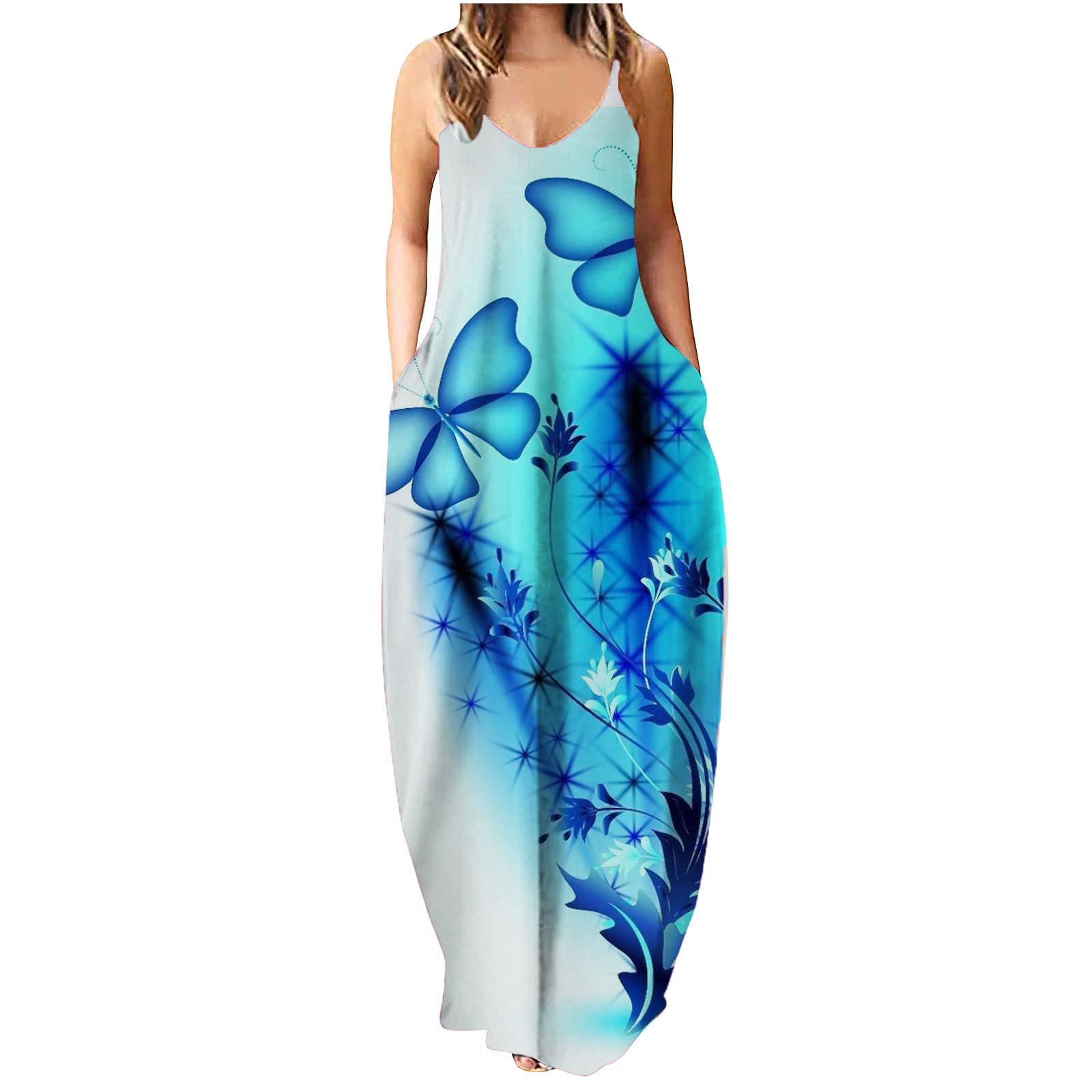Plus Size Maxi Dress for Women - Sexy Sleeveless Spaghetti Strap V Neck Boho Summer Dress with Pockets | Casual Beach, Vacation & Party Long Dress