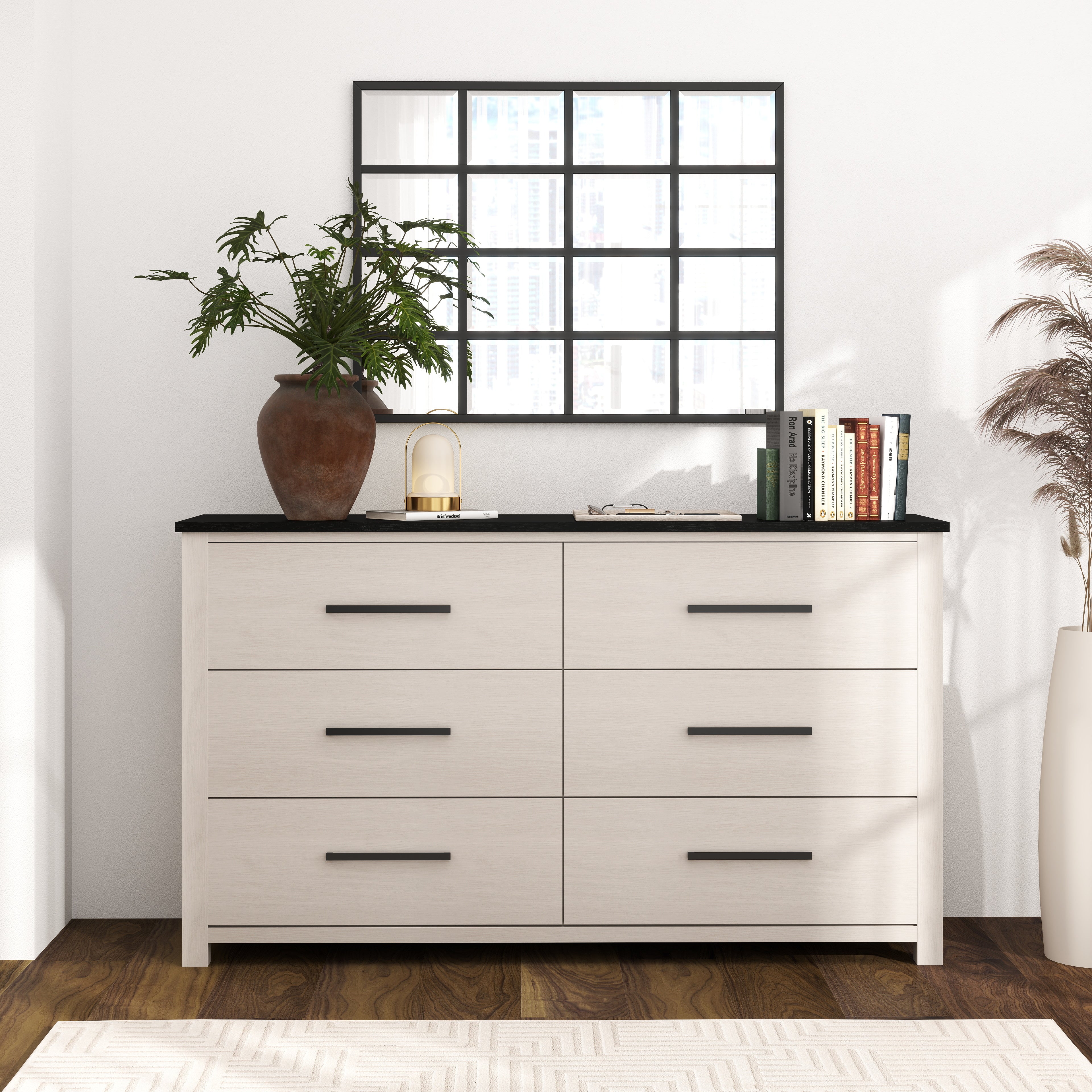 Roundhill Furniture Realynn Wood Bedroom Collection - Queen Size Bed Frame, Nightstand & Dresser Set in Off White Finish | Modern Farmhouse Style for Master Bedroom & Guest Room Decor