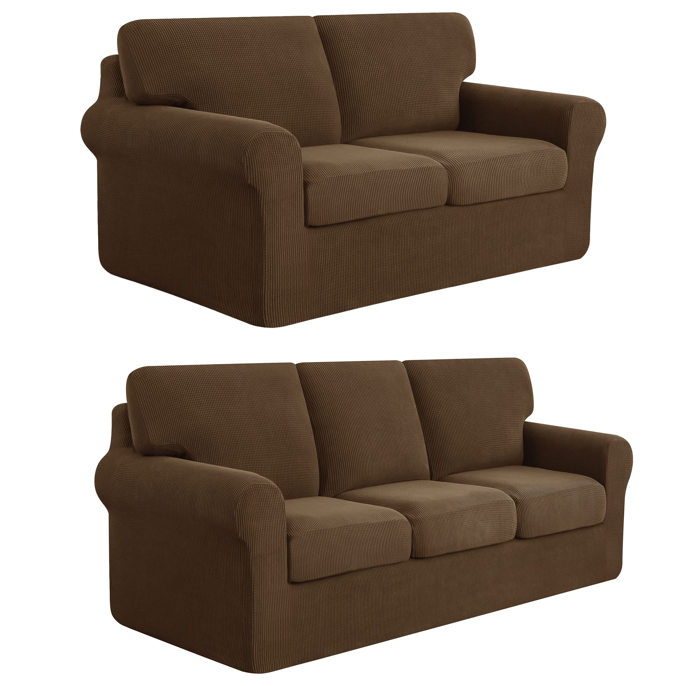 SUBRTEX 5-Piece Loveseat Cover & 7-Piece Sofa Cover Set - Stretchable Couch Slipcovers with Separate Backrest & Cushion Covers for Living Room (Medium/Large, Coffee) - Perfect for Home Decor, Furniture Protection & Pet-Friendly Use