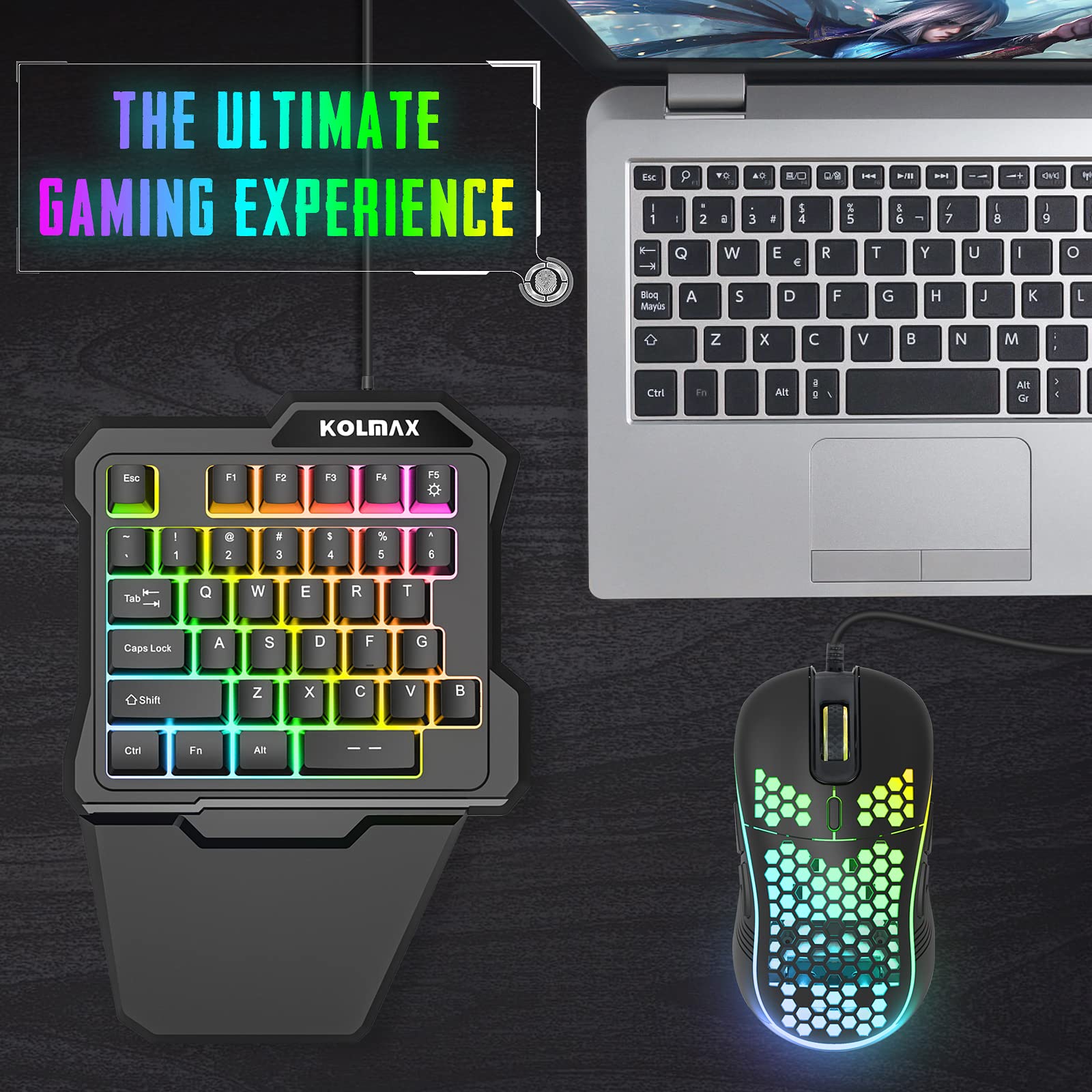 RGB One-Handed Gaming Keyboard and Mouse Combo - USB Wired Mechanical Feel Keypad with Wrist Rest & Ergonomic Gaming Mouse for PC, Laptop, Xbox, PS4 - Perfect for FPS, MMO Gaming and Office Work