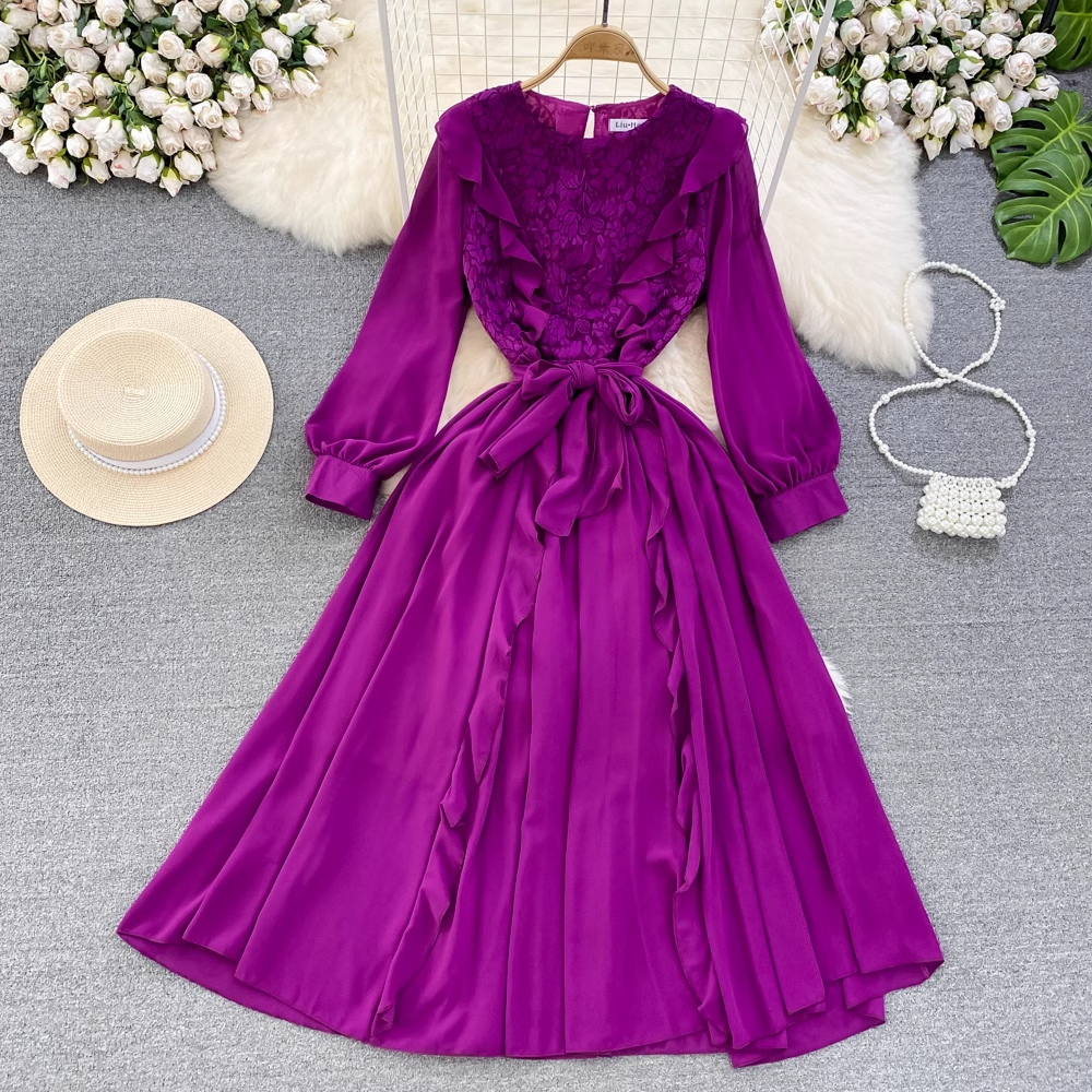 Elegant Long Sleeve Round Neck Lace A-Line Ruffled Maxi Dress for Women - Perfect for Weddings, Parties & Formal Occasions