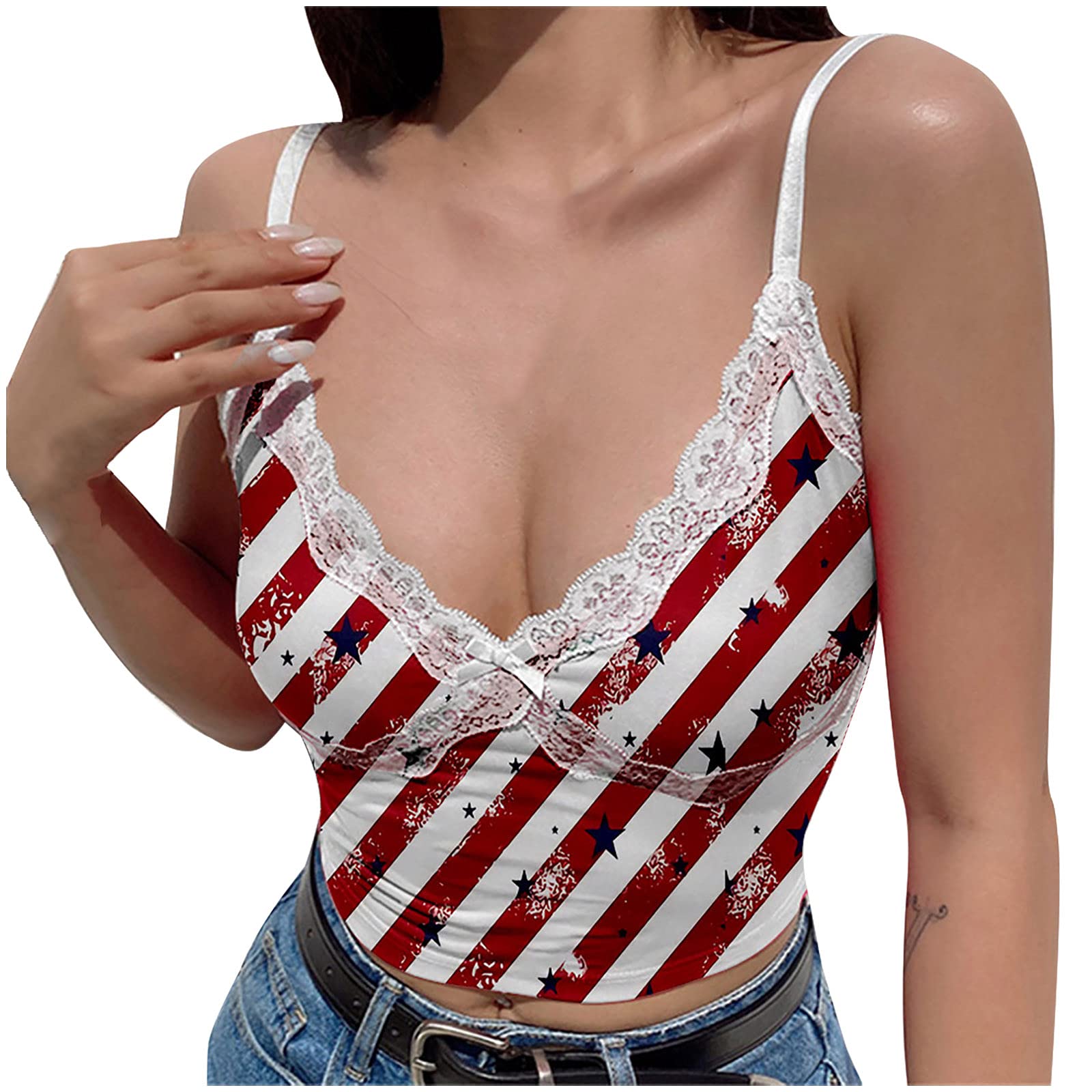 **4th of July Women's Sleeveless Vest Camis - Patriotic Printed Lace Patchwork Tank Tops for Independence Day | Perfect for BBQ, Beach & Summer Festivals**