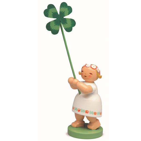 Wendt & Kuhn Handcrafted Wooden Figurine - Lucky Girl with Four Leaf Clover | German Collectible Home Decor for Good Luck & Gift Giving
