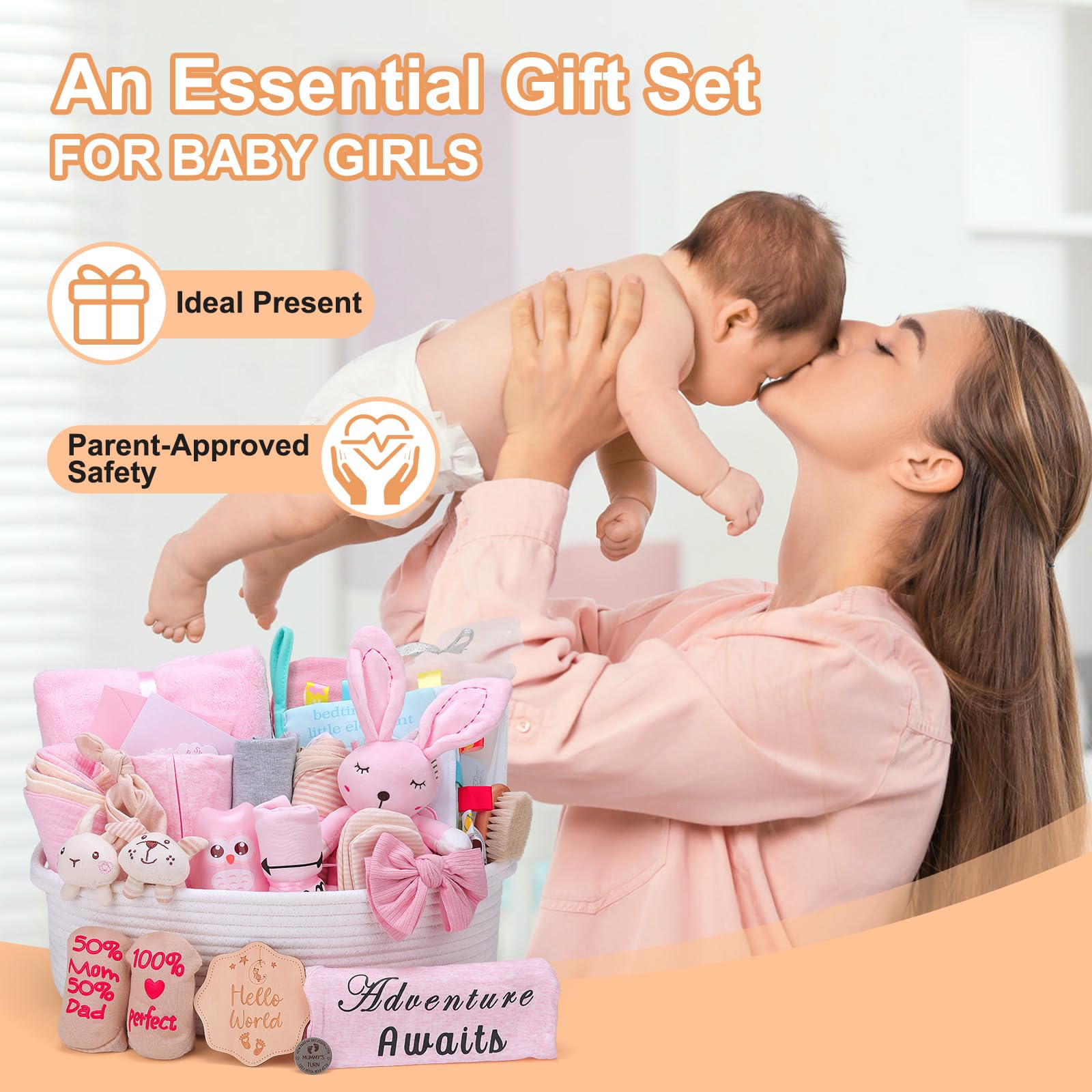27-Piece Baby Girl Shower Gift Basket Set - Newborn Essentials with Rattle, Swaddle Blanket & Diaper Caddy Organizer | Perfect Baby Registry, Welcome Home & First Birthday Gift Idea | Large Pink Gift Box for New Parents
