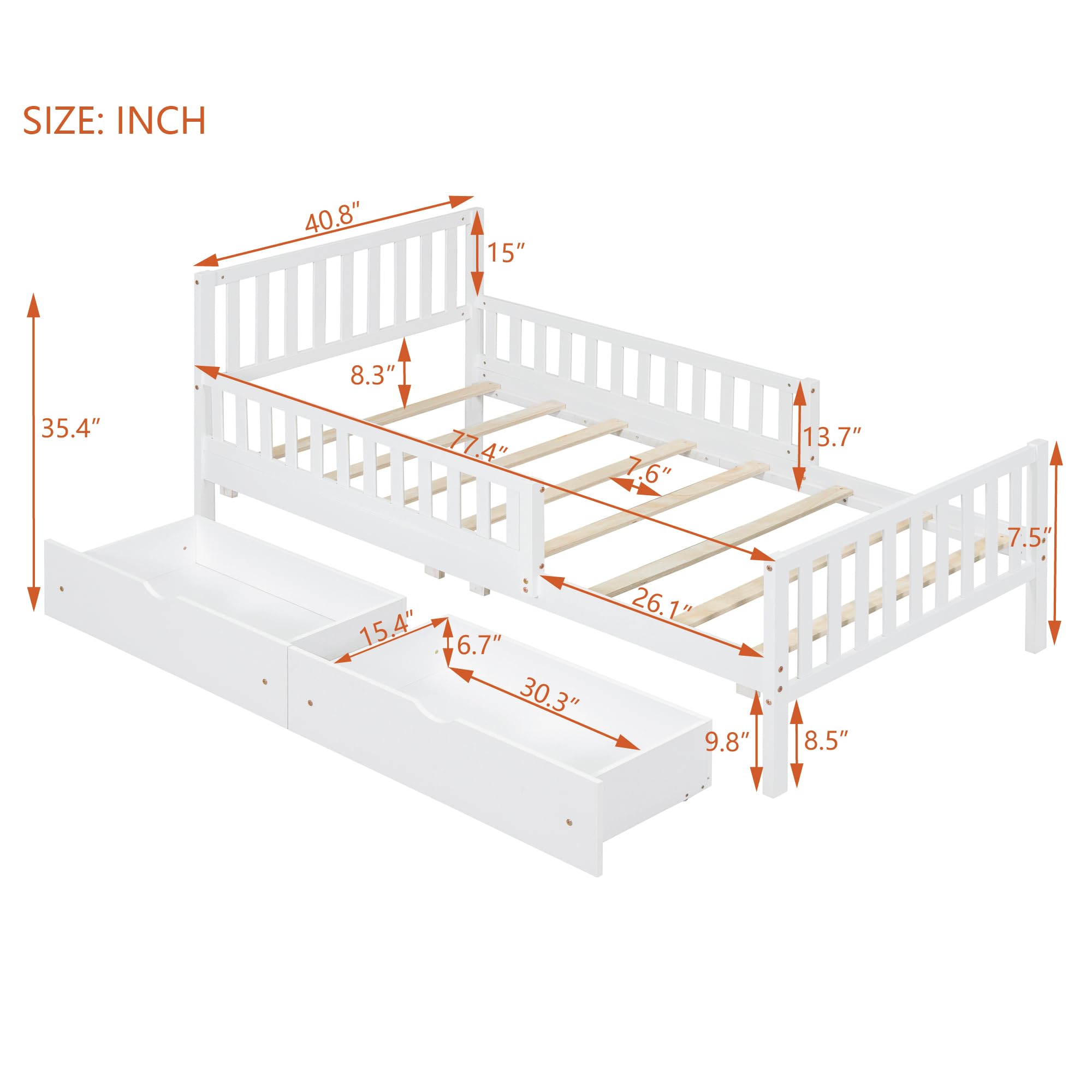White Twin Size Kids Bed with Guardrails - Low Platform Bed Frame with Headboard, Footboard & 2 Storage Drawers - Safe Children's Bed for Boys & Girls - Perfect for Small Bedrooms, Guest Rooms & Kids' Shared Spaces