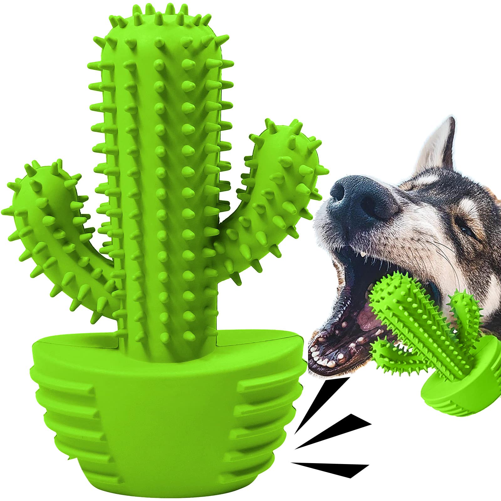 Durable Rubber Dog Chew Toys for Teeth Cleaning - Dental Chew Stick Toothbrush for Small, Medium & Large Dogs - Tough Squeaky Cactus Toy for Aggressive Chewers | Perfect for Puppy Teething, Dental Care & Playtime
