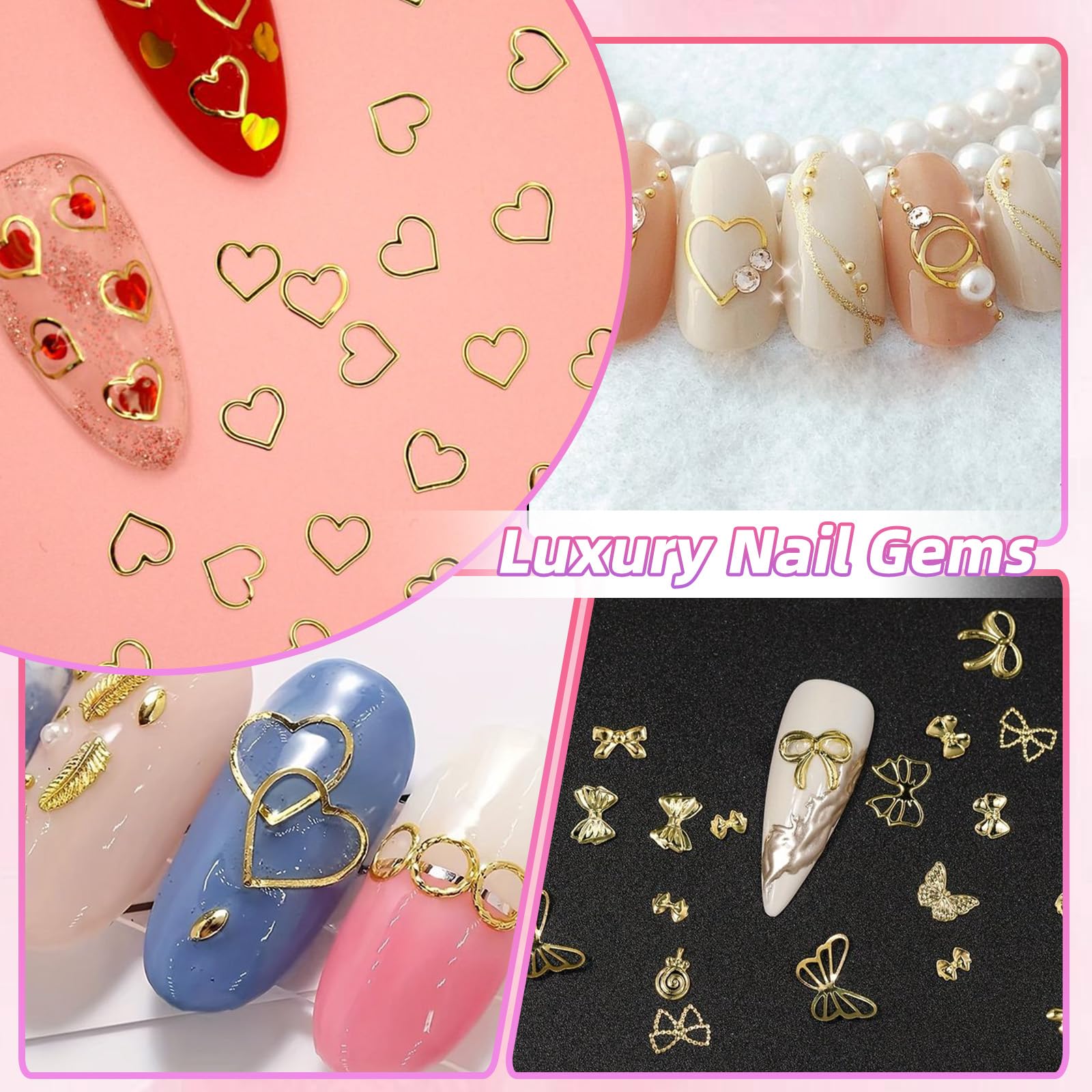 Gold Silver Bow & Heart Nail Charms - Hollow Bowknot Metal Rivet Nail Art Studs for DIY Decoration - Perfect for Nail Art, Manicures, and Creative Nail Designs (100pcs)