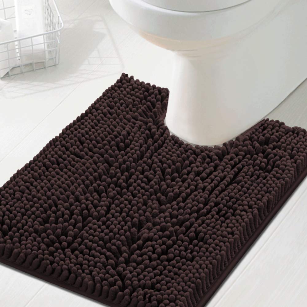 Premium U-Shaped Non-Slip Chenille Bath Mat - Extra Soft Absorbent Shaggy Toilet Rug (20x24 Inches) - Fast Drying & Machine Washable - Chocolate Brown - Perfect for Bathroom, Shower & Vanity Areas