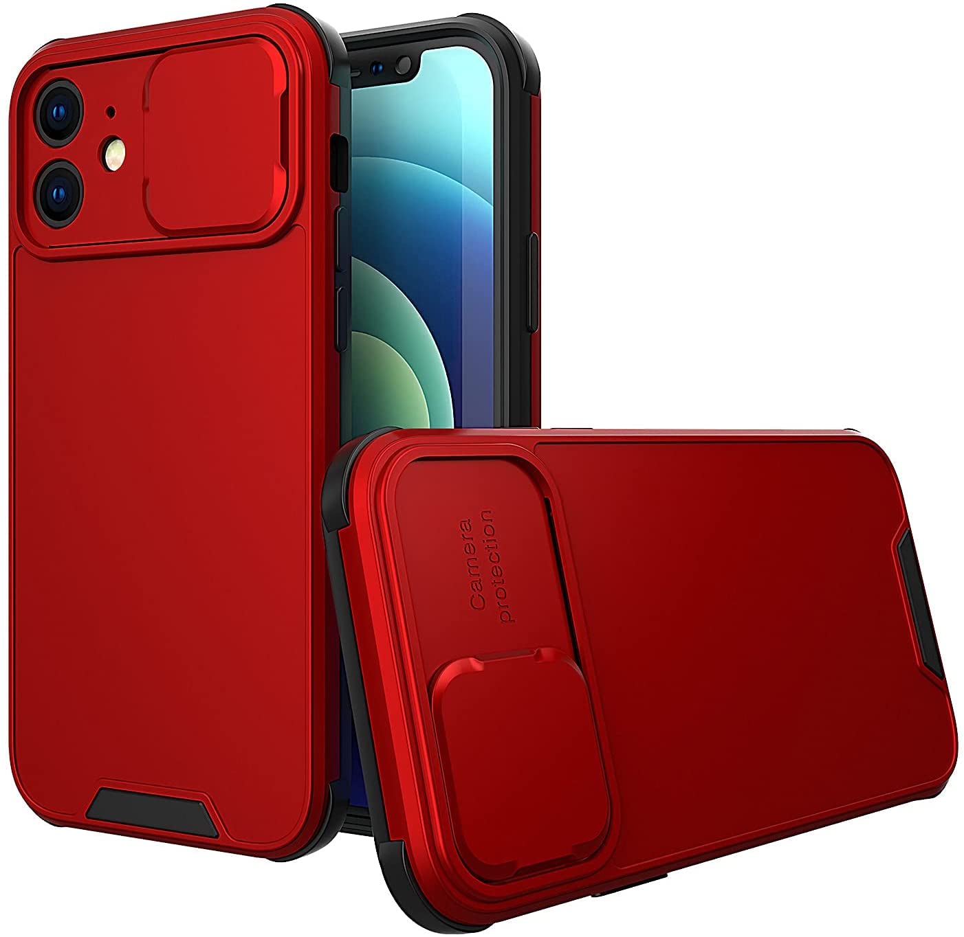 Premium iPhone 12 Case with Slide Camera Cover - Frosted Hard PC Back & Soft TPU Bumper - Slim Protective Case (6.1 Inch, Red) - Perfect for Daily Use, Travel & Privacy Protection