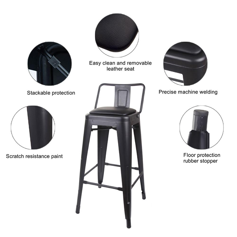 GIA 30-Inch Bar Height Metal Stool with Vegan Leather Seat - Black (Set of 3) - Perfect for Kitchen Island, Breakfast Bar & Home Pub Stools