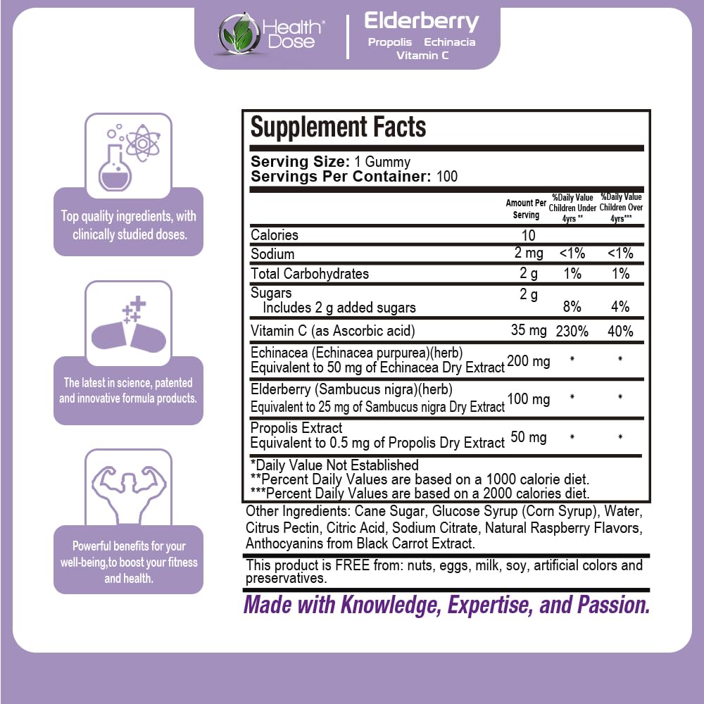 Organic Elderberry Sambucus Gummy Vitamins for Kids - 100 Gummies with Propolis Extract, Echinacea & Vitamin C | Delicious Raspberry Flavor | Vegan, Gluten-Free Immune Support Booster | Pack of 5 | Perfect for Daily Immunity Defense & School Lunchboxes