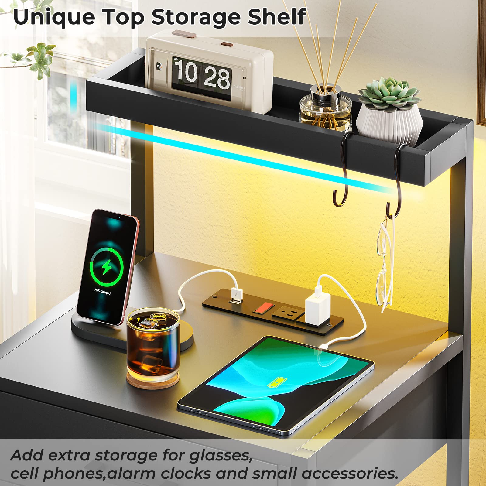 Modern LED Nightstand with USB & AC Charging - 3 Drawers & Open Storage for Bedroom