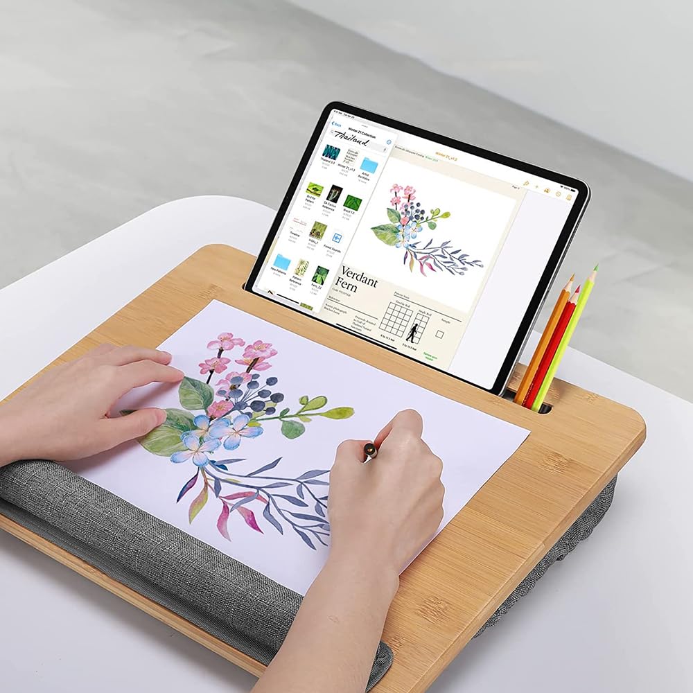 Adjustable Bamboo Lap Desk for Laptop with Cushion - Portable Laptop Stand with Tablet Slot & Phone Holder - Ergonomic Bed Tray for Home Office, Sofa, Car & Travel Use - Perfect for Working, Studying or Watching Movies in Bed