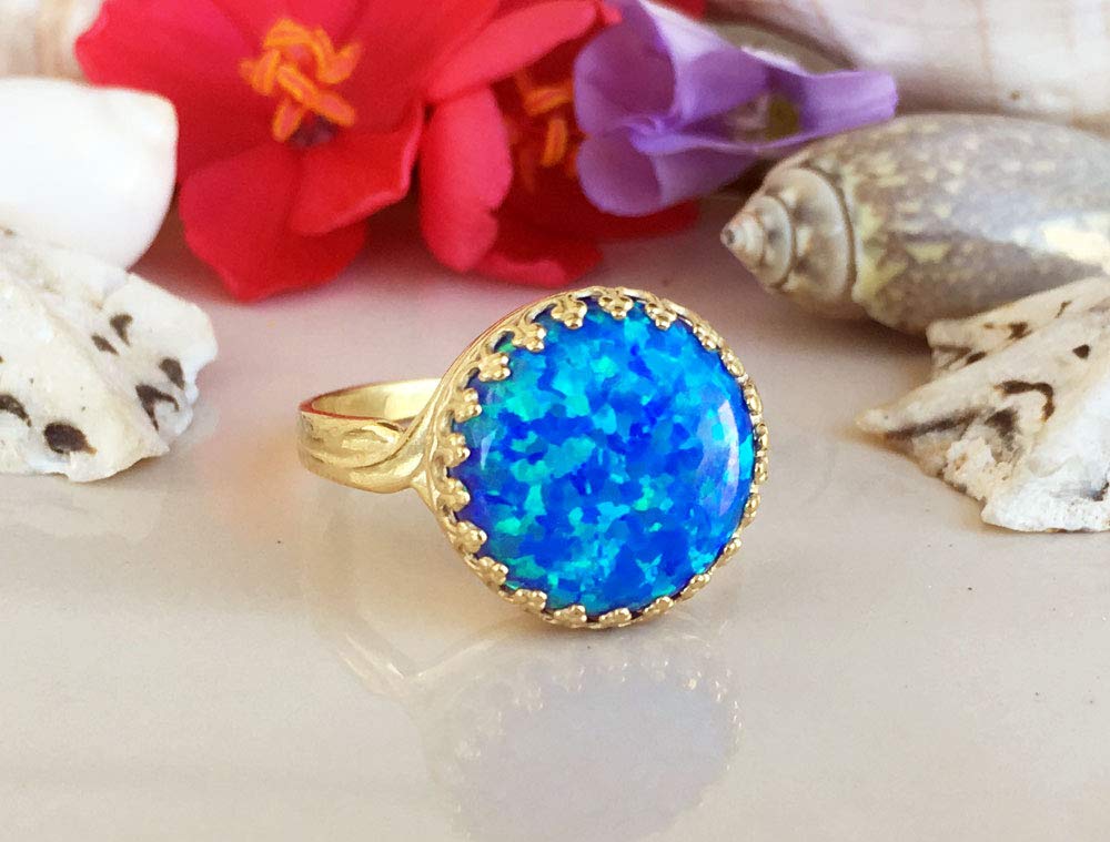 Blue Opal Ring - 14K Gold October Birthstone Ring - Round Crown Bezel Setting Gemstone Jewelry - Elegant Cocktail & Party Ring for Women - Perfect Gift for Birthdays, Anniversaries & Special Occasions