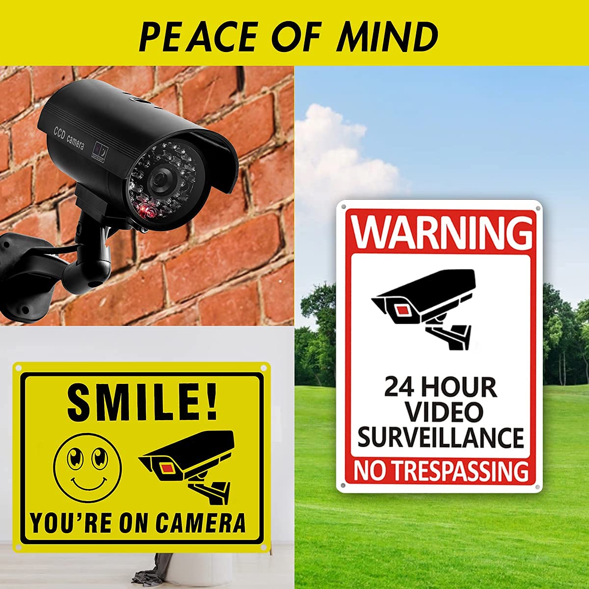 **4 Pack Fake Security Camera with No Trespassing Signs - Dummy Surveillance Camera with Realistic LED Red Light & Warning Stickers - Indoor/Outdoor Use for Home, Yard, Garage, Office (Set of 8)**
