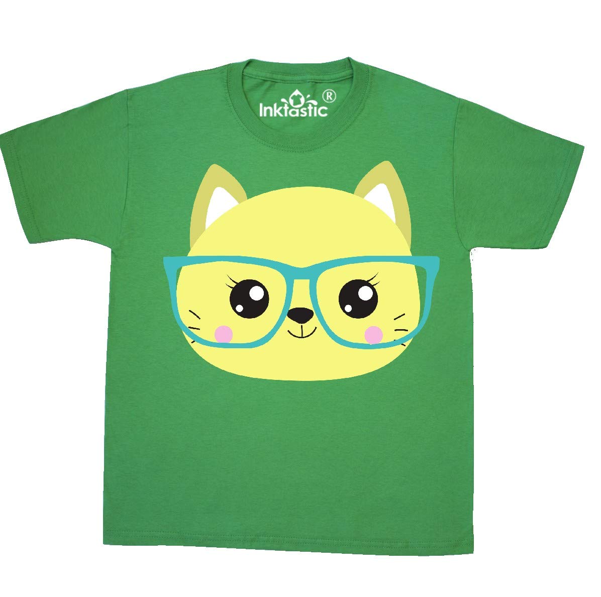Inktastic Hipster Cat with Glasses - Cute Kitten Graphic Youth T-Shirt for Boys & Girls | Fun Casual Wear for School, Parties & Cat Lovers